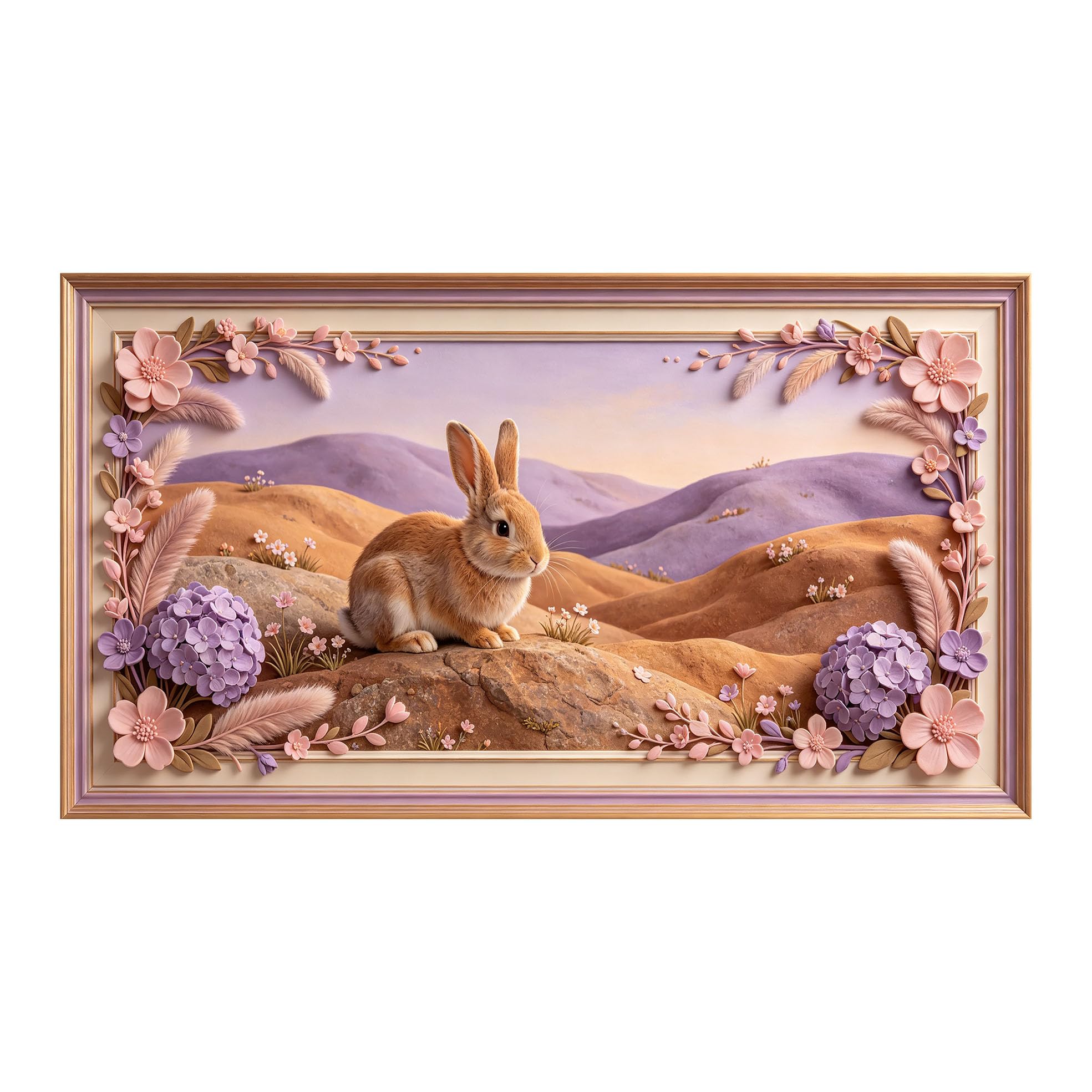 Yzpallescene 3D 3D Framed Wall Art 50cm×90cm Pastoral Bunny Landscape Floral Oil Painting Large Size SelfAdhesive Removable Wall Decor Prints Artwork for Living Room Bedroom Office
