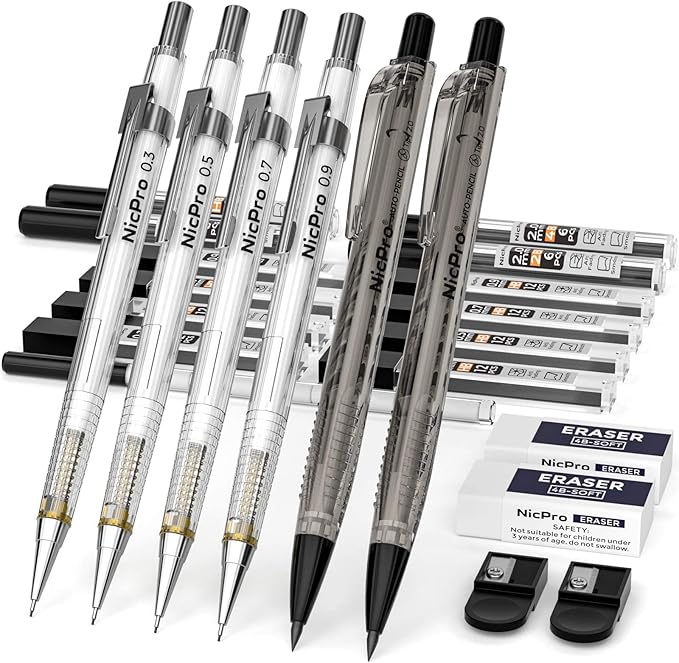 Nicpro 0,7 Mm Druckbleistift-Set, 6 Stück Mit HB-Minen & Radiergummis - Ideal Für Schule, Büro & Künstler