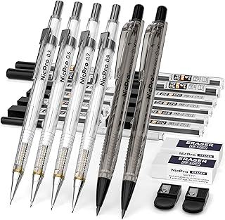 Nicpro 6 PCS Art Mechanical Pencils Set with Case, Drafting Pencil 0.3 & 0.5 & 0.7 & 0.9 mm and 2mm Lead Holder (4B 2B HB 2H) For Art Writing, Sketching Drawing,With Lead Refills Erasers Sharpener