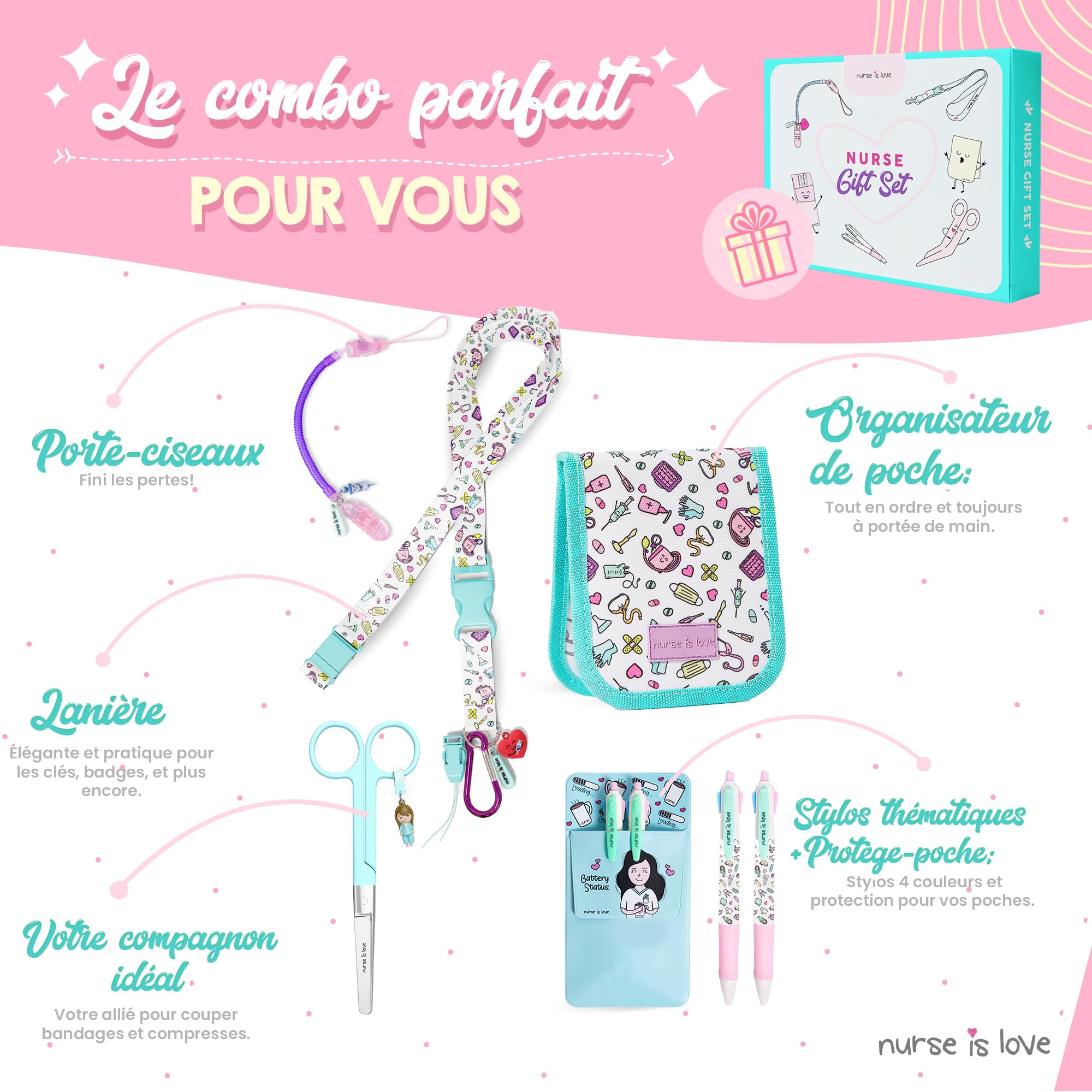 Nurse is Love Cadeau Infirmiere Set De 5 Pcs. | Tour De Cou Badge - Porte-Badge + Ciseaux + 2 Pochette Infirmiere avec 2 Stylo Personnalisé Multi-Encre + Porte-Ciseaux | Infirmiere Accessoires & AS