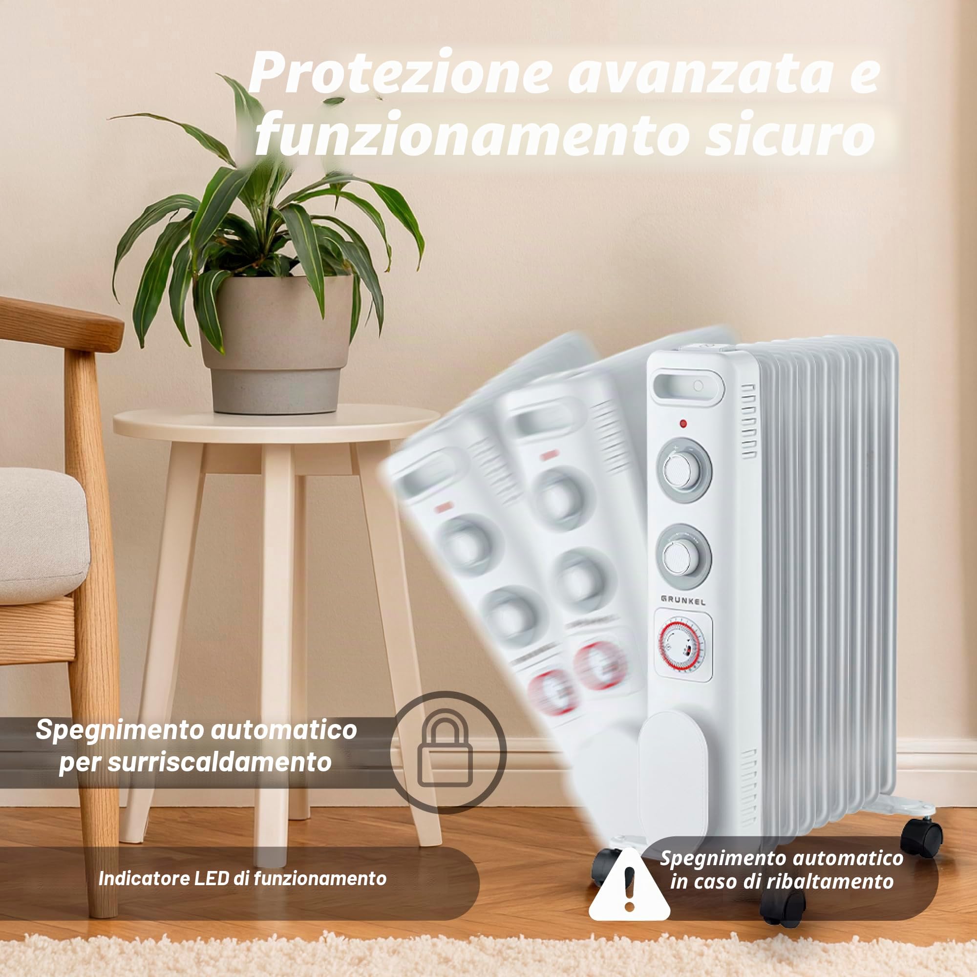 GRUNKEL RD-2000S Radiatore ad olio, 2000 W-2500 W, 9 elementi, 3 livelli di potenza, timer 24 ore, termostato regolabile, ruote multidirezionali