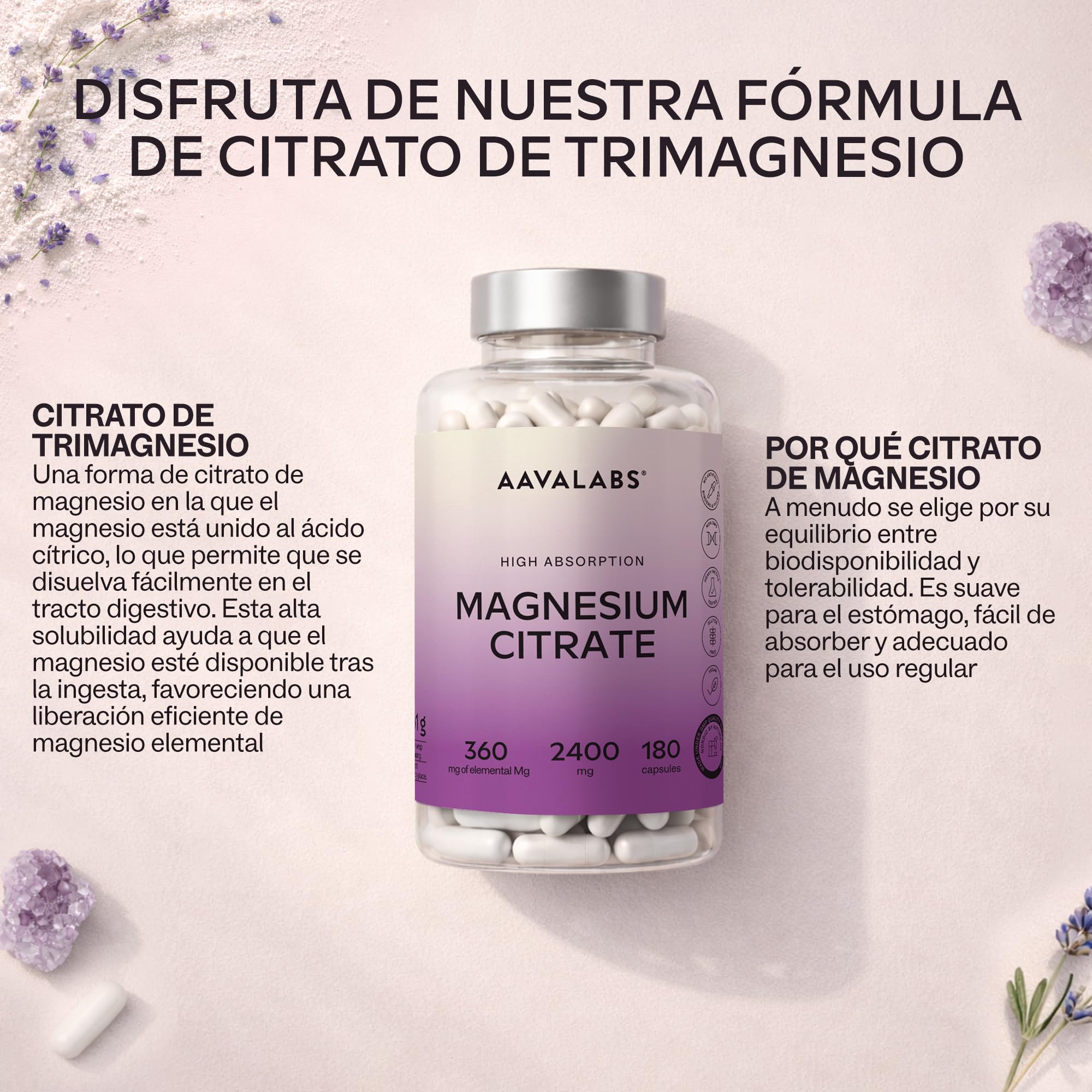 Aavalabs Citrato de Magnesio Capsulas [2400 mg por dosis diaria] - Alta Dosis de Magnesio Elemental [360 mg por dosis] - Puro y Vegano - 180 Cápsulas - Dosis Diaria 3 Cápsulas