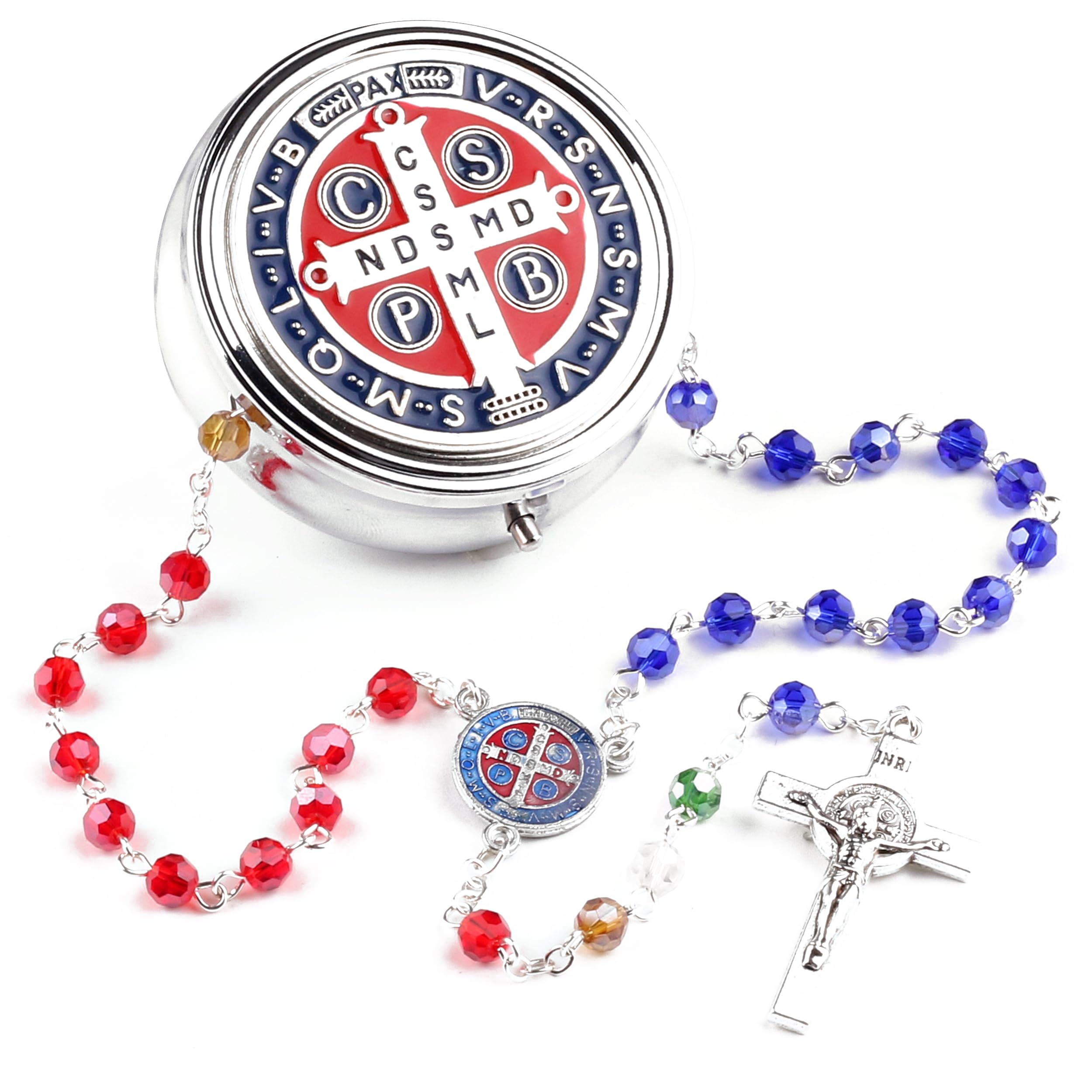 HanlinCC Rainbow Color Crystal Beads Shiny Silver Plated St.Benedict Catholic Rosary with Enamel Steel Gift Box for Women