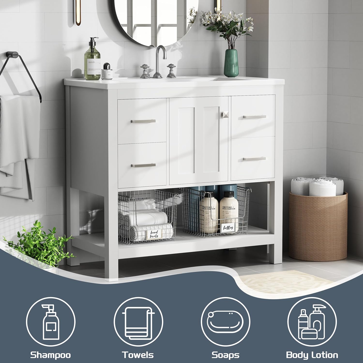 36'' Bathroom Vanity with Single Sink, Solid Wood Frame Modern Bathroom Storage Cabinet with 2 Power Outlets, 1 USB Port, 1 Tybe C Port, Bath Vanity Cabinet with 4 Drawers & Open Shelf, White