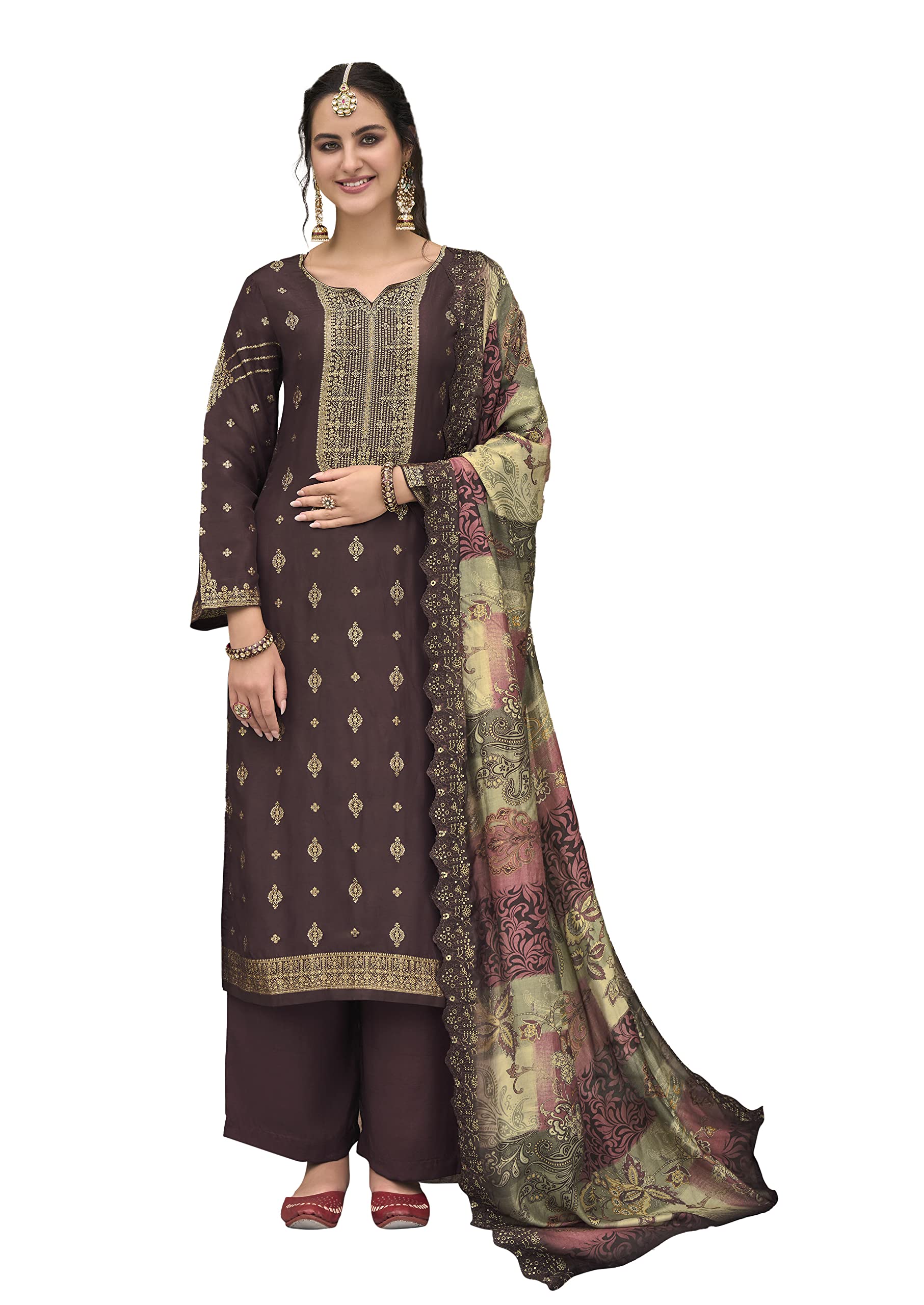 DRAVINAM TrendsWomen's Pure Dola Jacquard Silk Salwar Kameez Suit Dress Material with Pure Viscose Silk Digital Print with Embroidery Work Heavy Dupatta