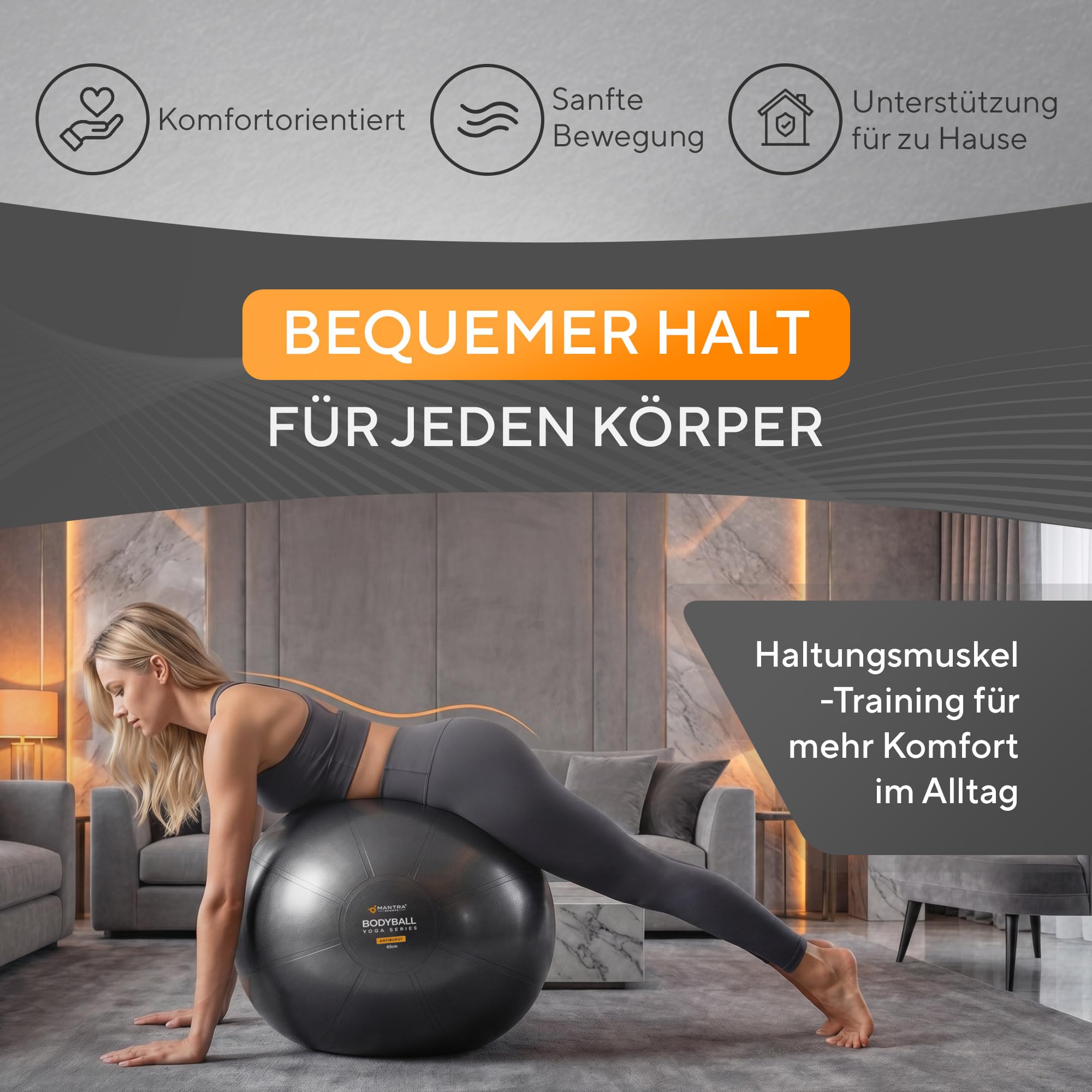 Gymnastikball – Anti-Burst Sitzball, Balance Ball für Schwangerschaft & Yoga - Pilates Ball für Büro & Rückentraining mit Pumpe