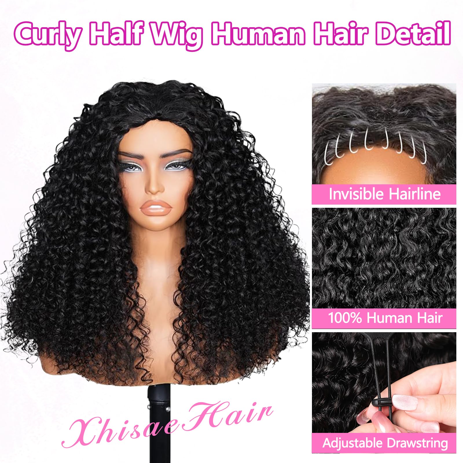 Curly Half Wig Human Hair, Glueless Drawstring Wear and Go
