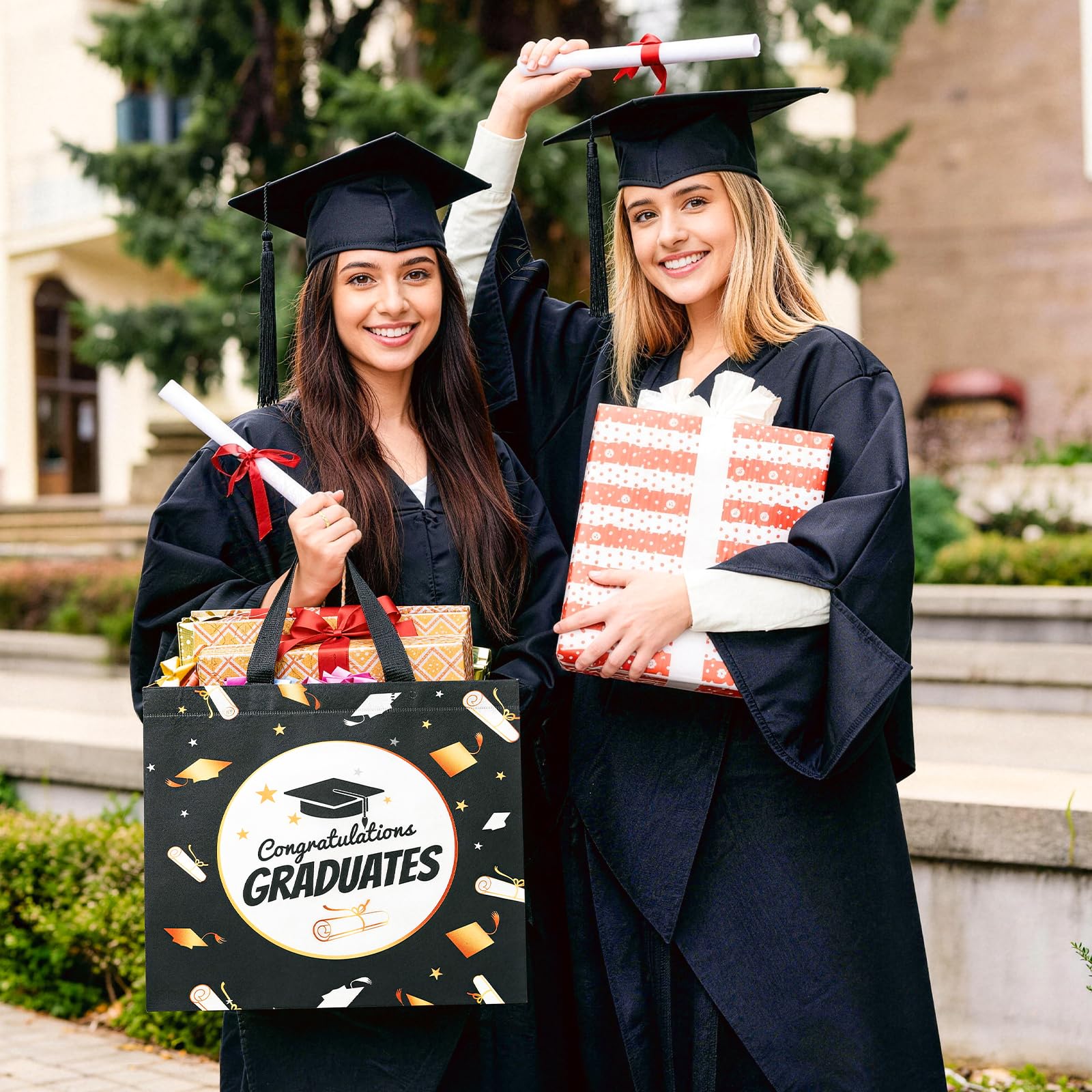 STYPOP 2 Pack 13" Large Graduation Gift Bags with Tissue Paper, Reusable Non-Woven Grad Bags with Handles, Best Graduation Gifts Class of 2026 College/High School / 8th Grade, 12.8"*10.2"*6.3"
