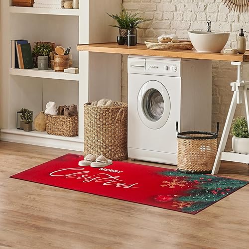 Miniatura 8 de Juego de 2 alfombras de cocina de Navidad, lavables, antideslizantes, para piso, 2 piezas, tapetes de cocina rojos, alfombras absorbentes para