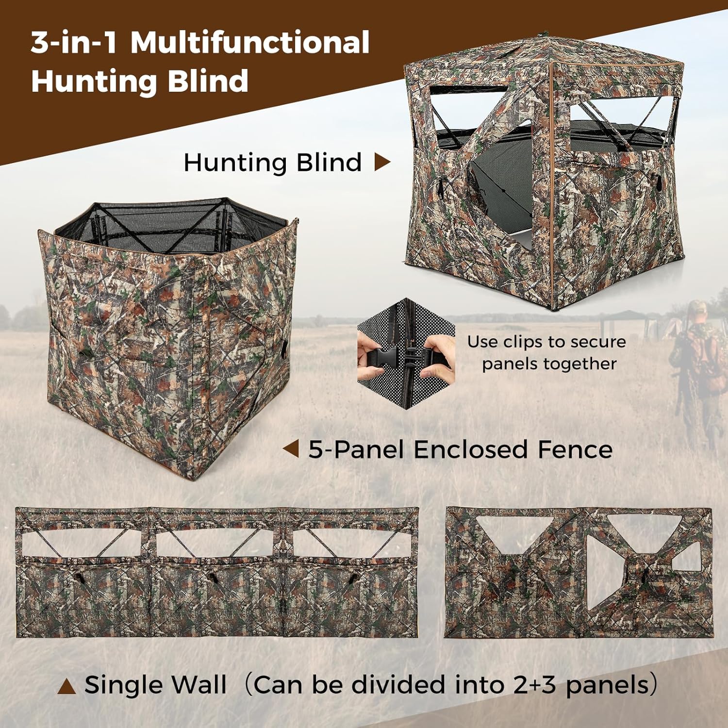 Goplus 3 in 1 Multifunctional Hunting Blind, 360° One-Way See-Through Hunting Tent w/Skylight, Roof Cover, Carrying Bag, 15 Ground Stakes & 8 Wind Ropes, 5-Sided Stakeout Camouflage Ground Blind