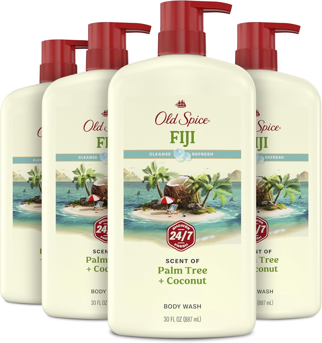 Jabón corporal limpiador Old Spice para hombres, ducha fresca 24 horas al día, 7 días a la semana con aroma duradero, limpia y refresca, suave para la piel, vitamina B3, Fiji con palmera + aroma a coco, 30 oz (paquete de 4)