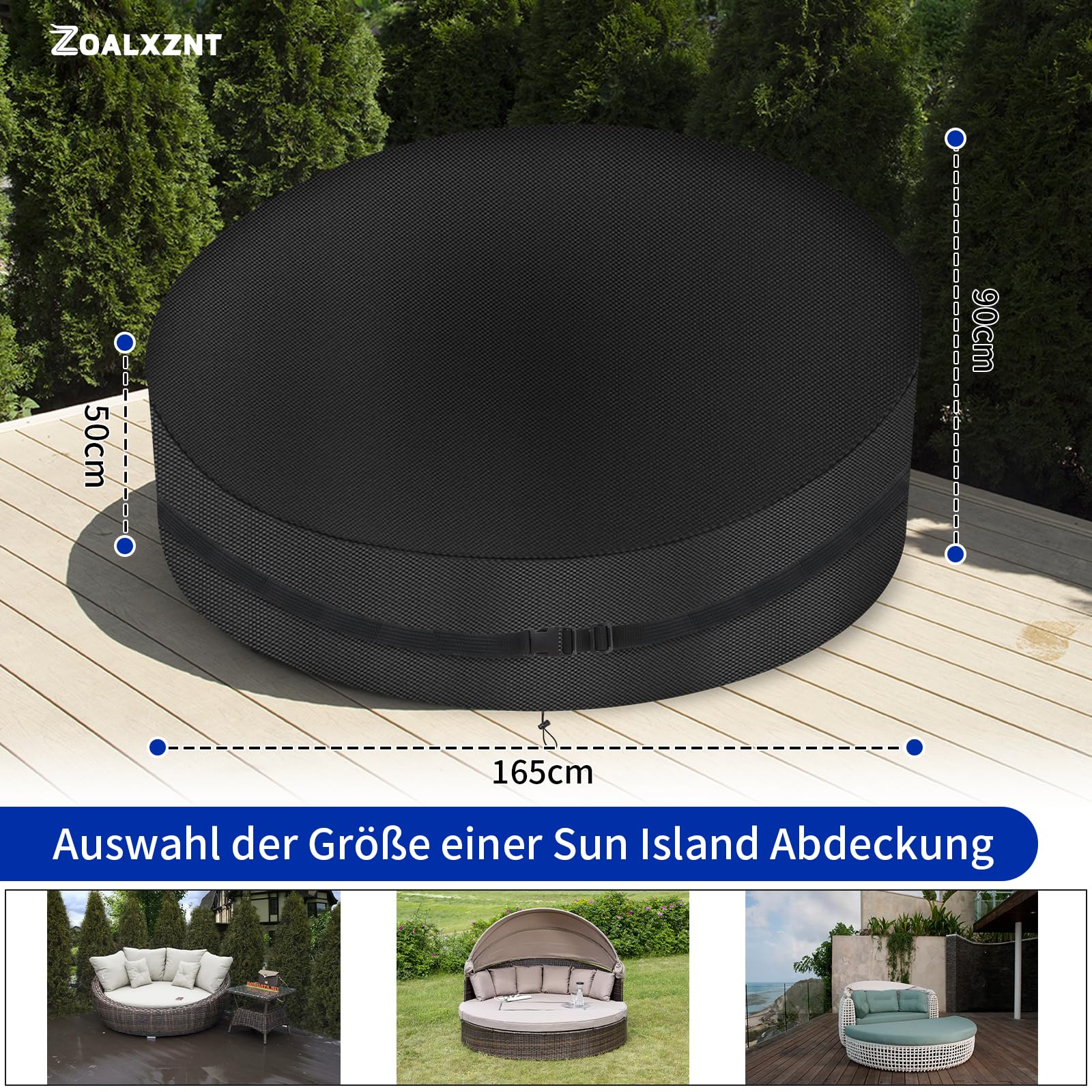 Coperture Isola Prendisole da Giardino Impermeabile，Copertura Letto da Giardino Rotonda con Corda Regolabile, Fibbie Regolabili， Copri Isola Prendisole da Giardino 420D Oxford (50*90*165cm,Nera)
