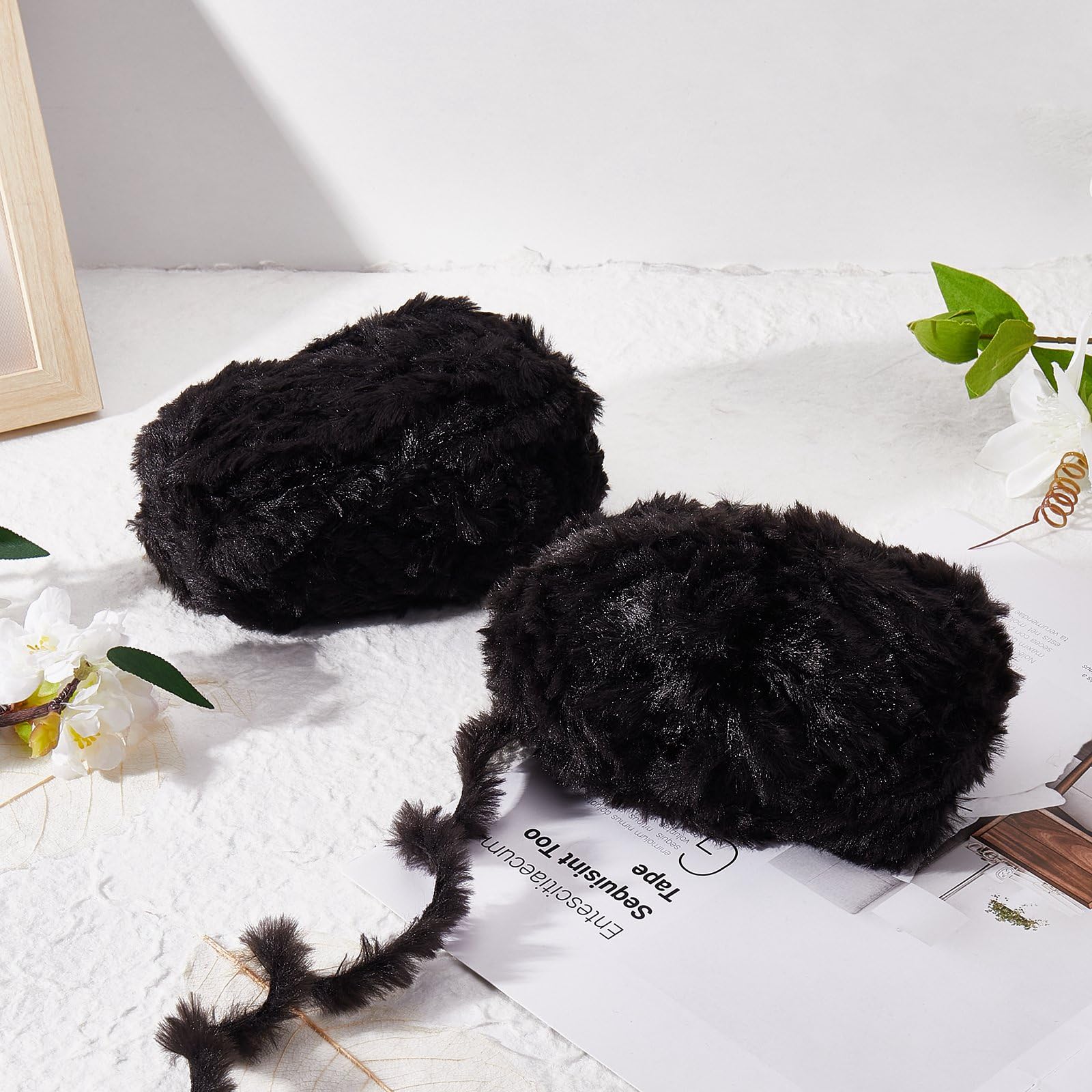 BEEFLYING 2 Roll Super Soft Fur Chunky Fluffy Faux Fur Yarn for Crochet Knit Blanket Rug Clothes - 2×30m(2×32.8yds,51g×2)-Black - Image 3