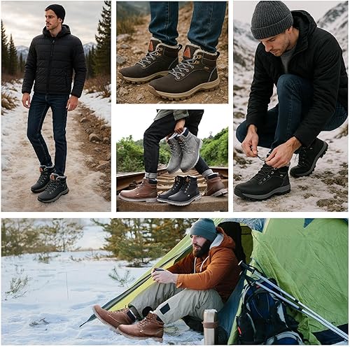 Miniatura 6 de Mishansha - Botas de senderismo, con forro de cuero, resistentes al agua y antideslizantes para hombre o mujer, hasta el tobillo, de invierno