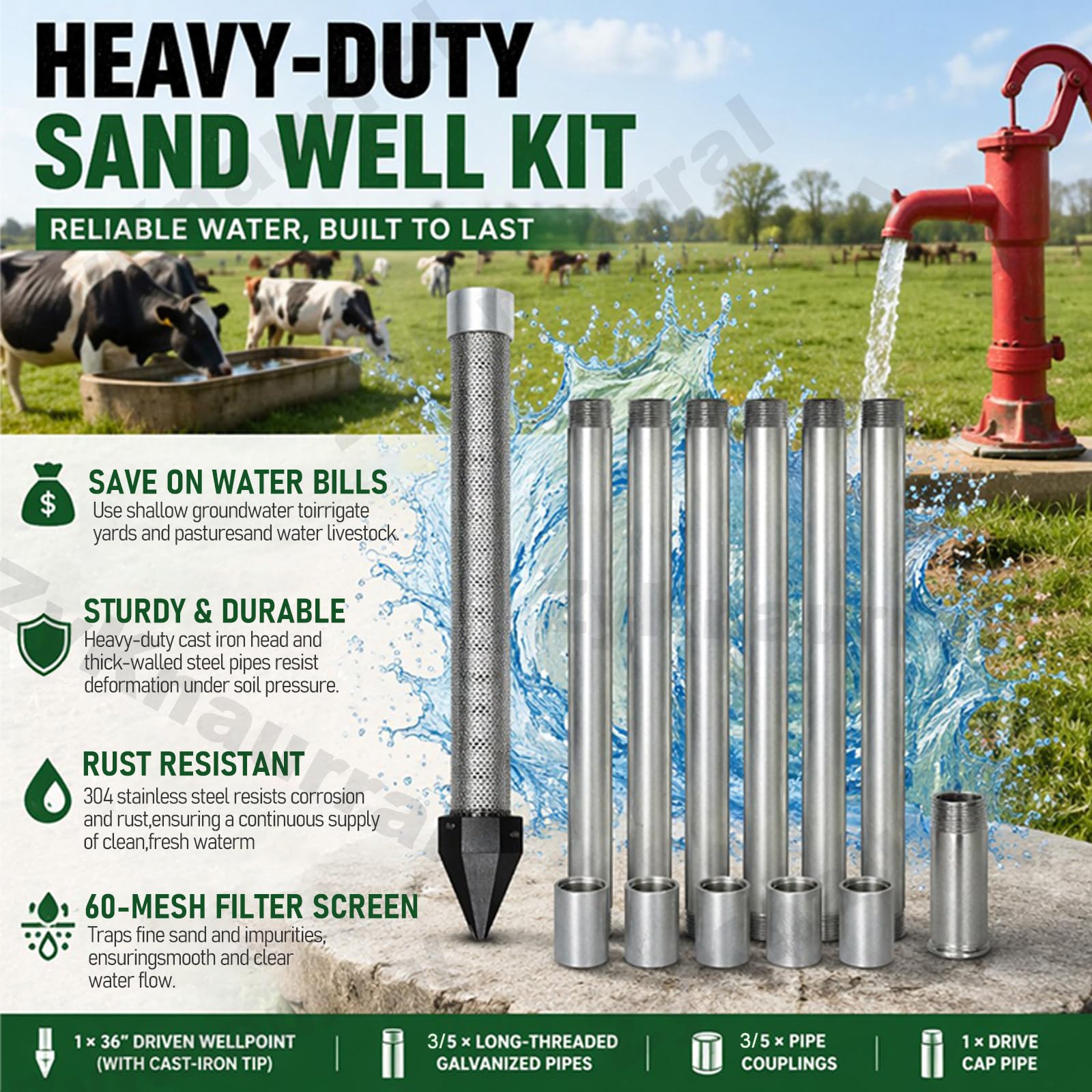 Approvisionnement en Eau D’Urgence : Kit Pointe à Frapper Filtrante pour Jardin, Tamis Filtrant, 1-1/4" NPT, Forage Manuel pour L’autosuffisance en Période De Sécheresse 6M-WithWaterPump