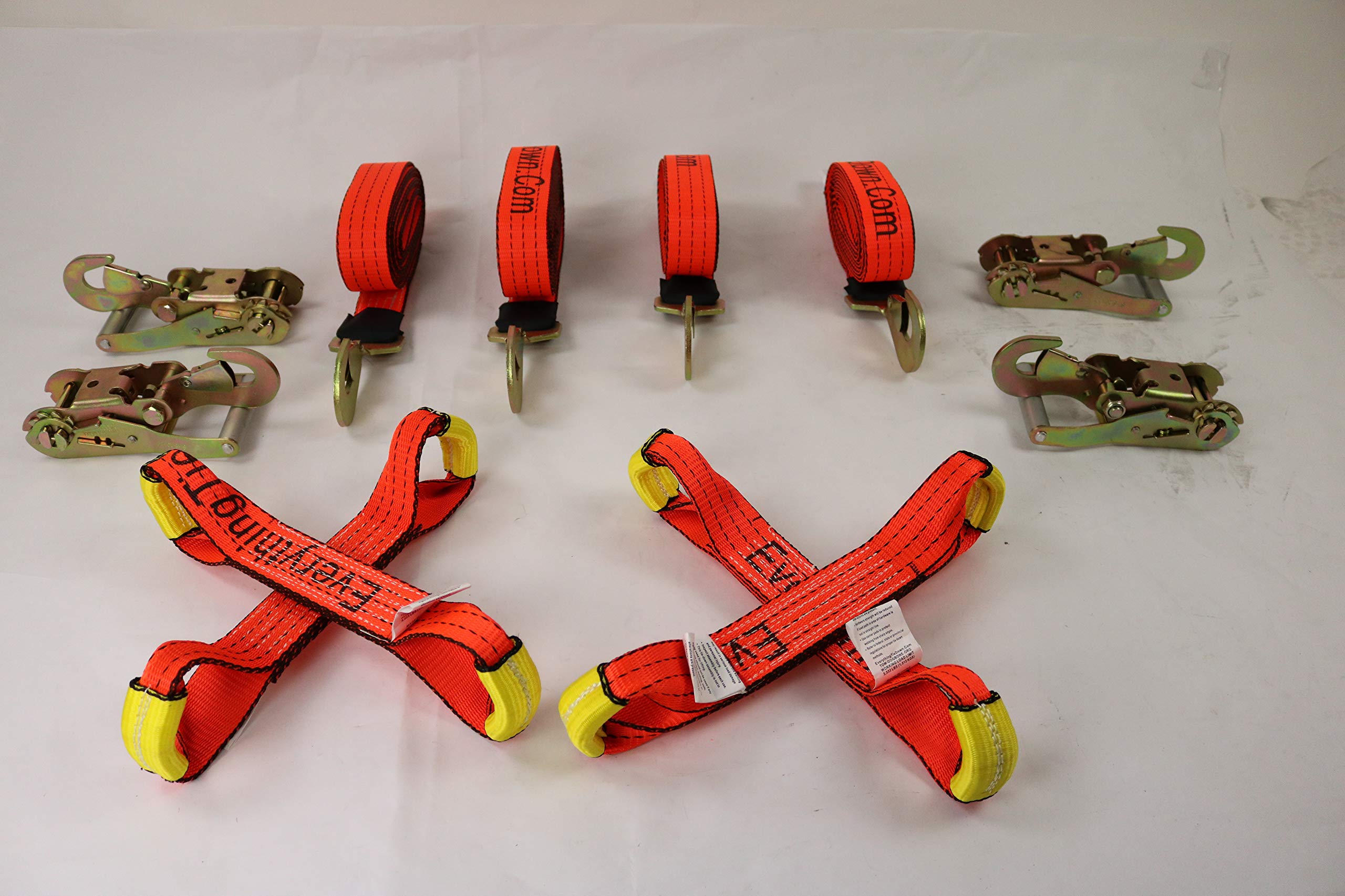 8 Point Kit 14' Heavy Duty Orange Tecnic Strap Kit for Rollback/Flatbed Tie Downs with Twisted Snap Hook