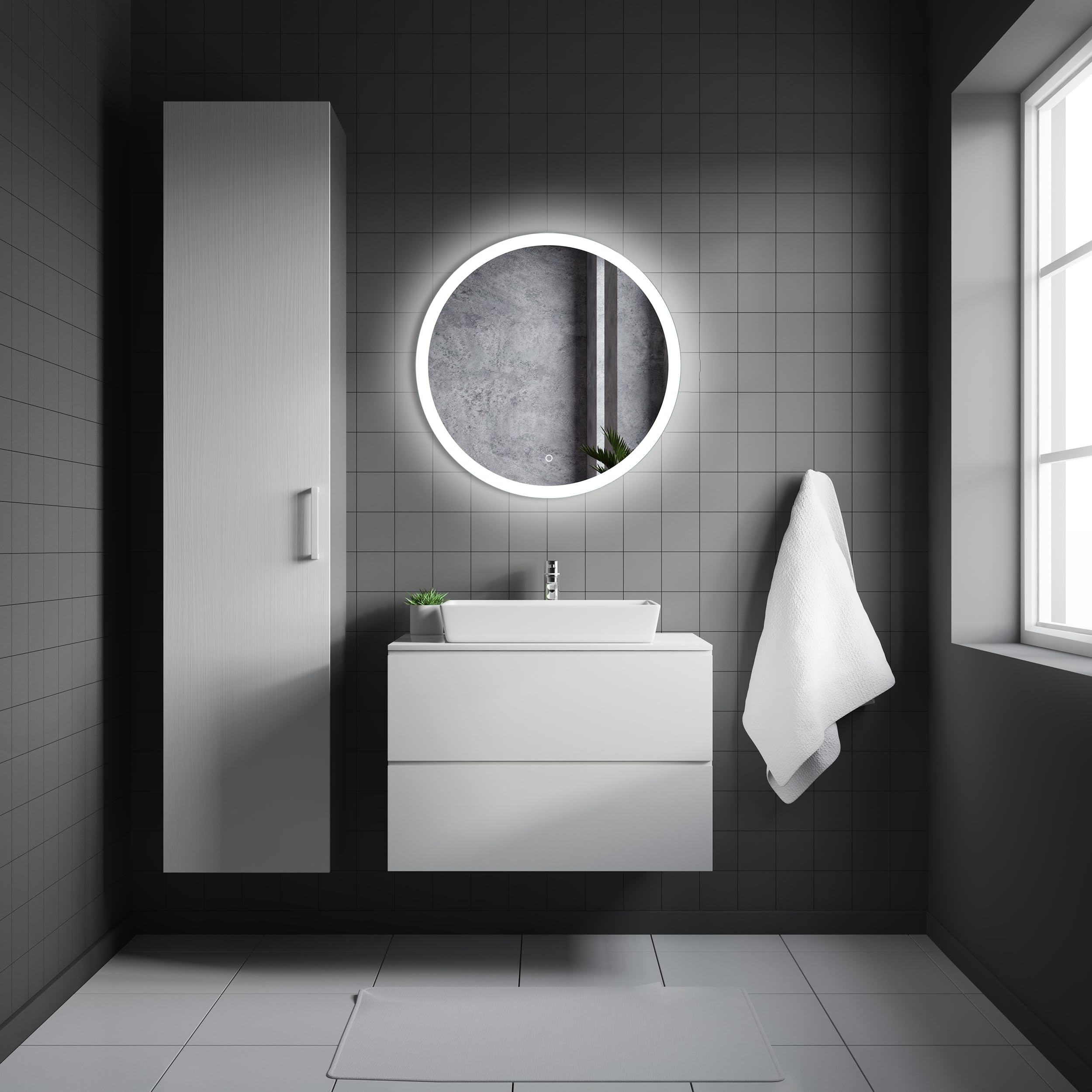 50 cm Okrągłe lustro łazienkowe z oświetleniem LED, Okrągłe lustro ścienne LED z włącznikiem, Lustro z naturalnym białym z światłem, Podświetlane z przodu