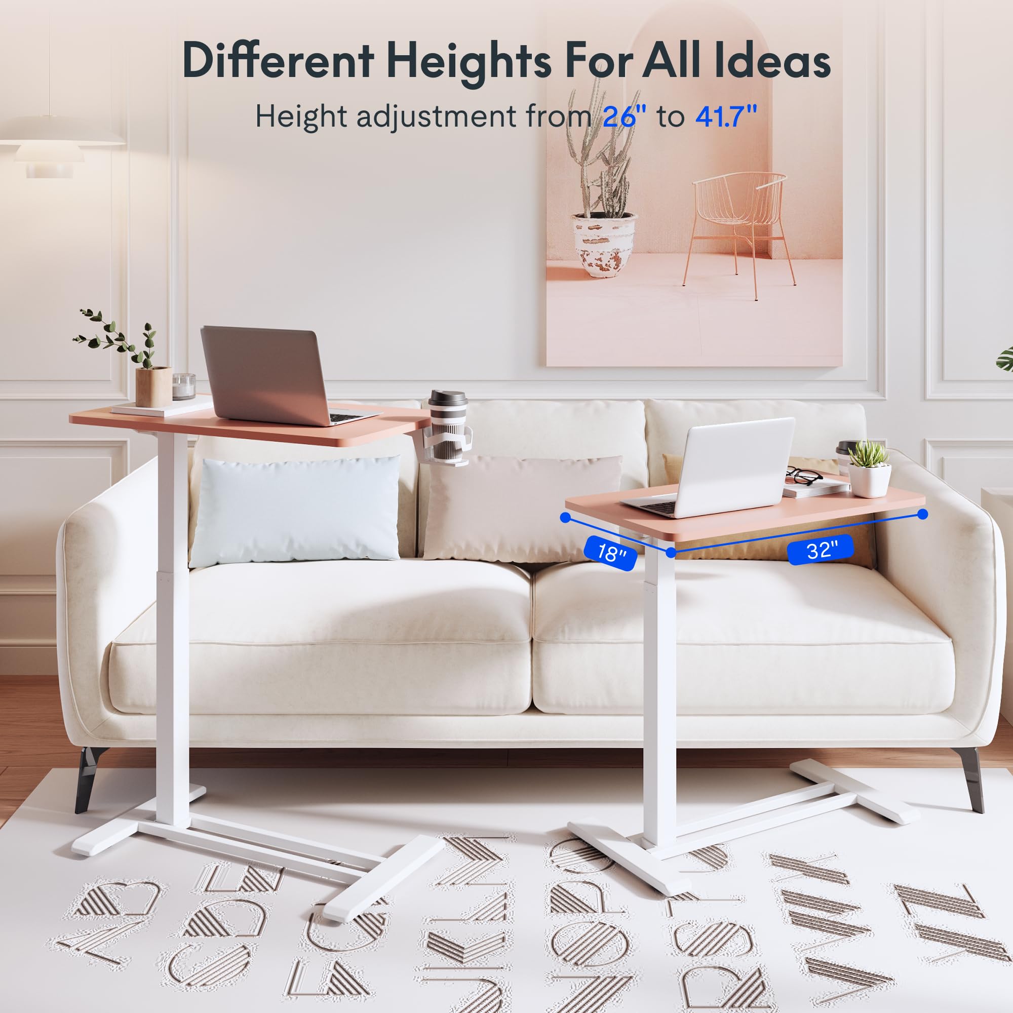 FLEXISPOT H7 Adjustable Overbed Bedside Table with Wheels Pneumatic Mobile Standing Desk Laptop Desk Rolling Computer Cart Movable Overbed Table Hospital Home Use(31.5