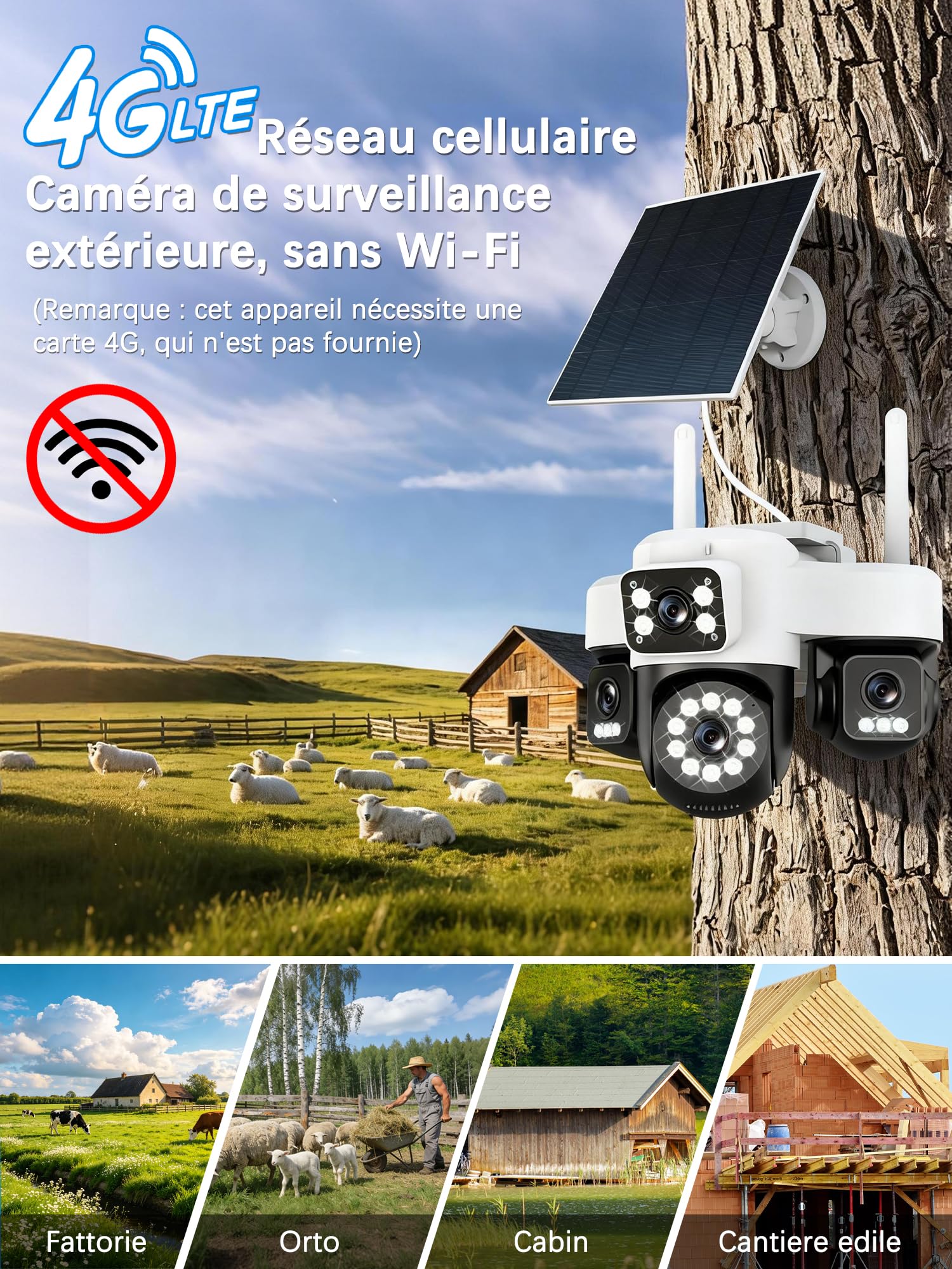 4G Camera Surveillance Exterieure sans Fil,AOV 24/7,Quatre objectifs/Camera Solaire/Batterie,4K caméras de Surveillance avec Carte SIM,Vision Vocturne,Alarme,Audio Bidirectionnel,Suivi Automatique