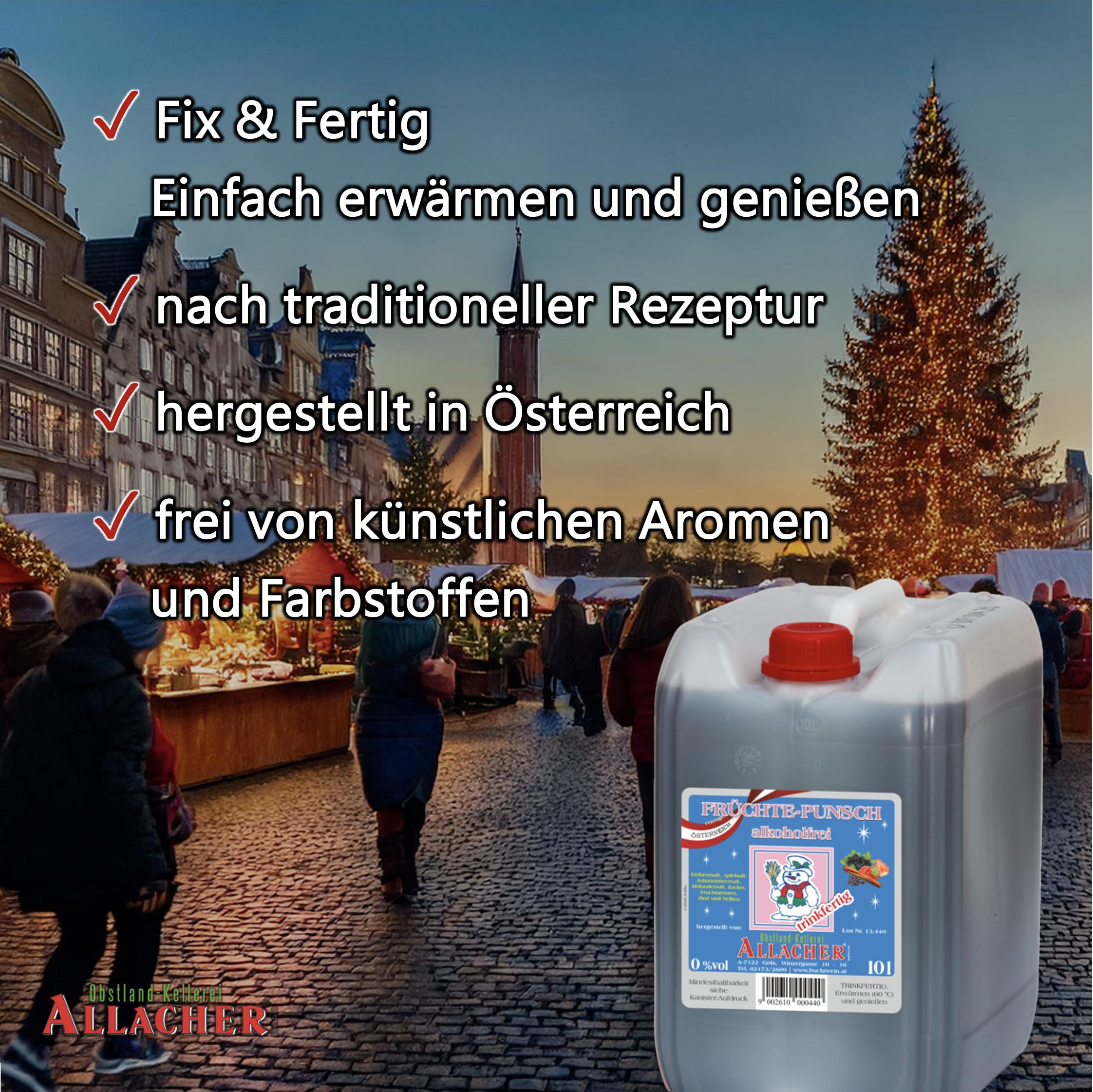 Allacher Früchte Punsch alkoholfrei - Kinderpunsch trinkfertig - 2x10L (20 Liter) Kanister - Großmenge ideal für Weihnachtsmarkt, Christkindlmarkt, Adventmarkt - Winter Heißgetränk ohne Alkohol