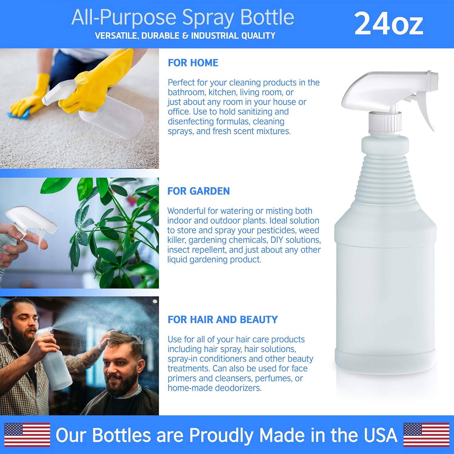 Plastic Spray Bottles with Sprayers - 24oz Empty Spray Bottles for Cleaning Solutions, Plant Watering, Animal Training and More - No Clog & Leak Proof Heavy Duty Spray Bottles with Sprayers - 4 Pack