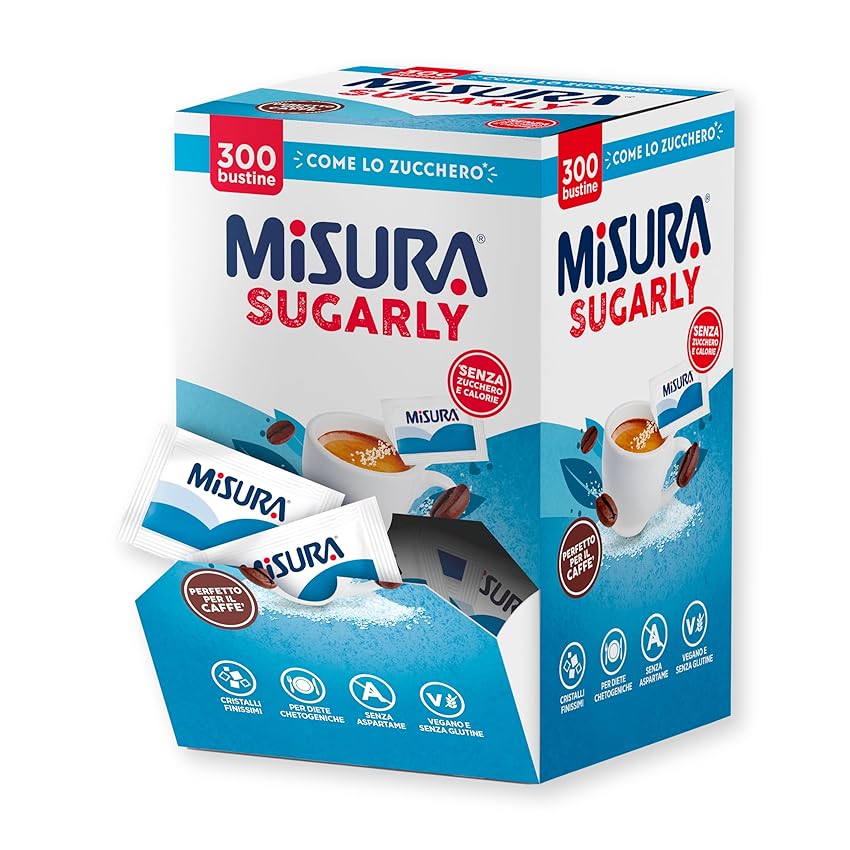 Misura Sugarly 300 Bustine, Dolcificante Senza Retrogusto, Zero Calorie, Cristalli Finissimi come lo Zucchero, Senza Aspartame, Senza Glutine, Vegano, Sostitutivo dello Zucchero