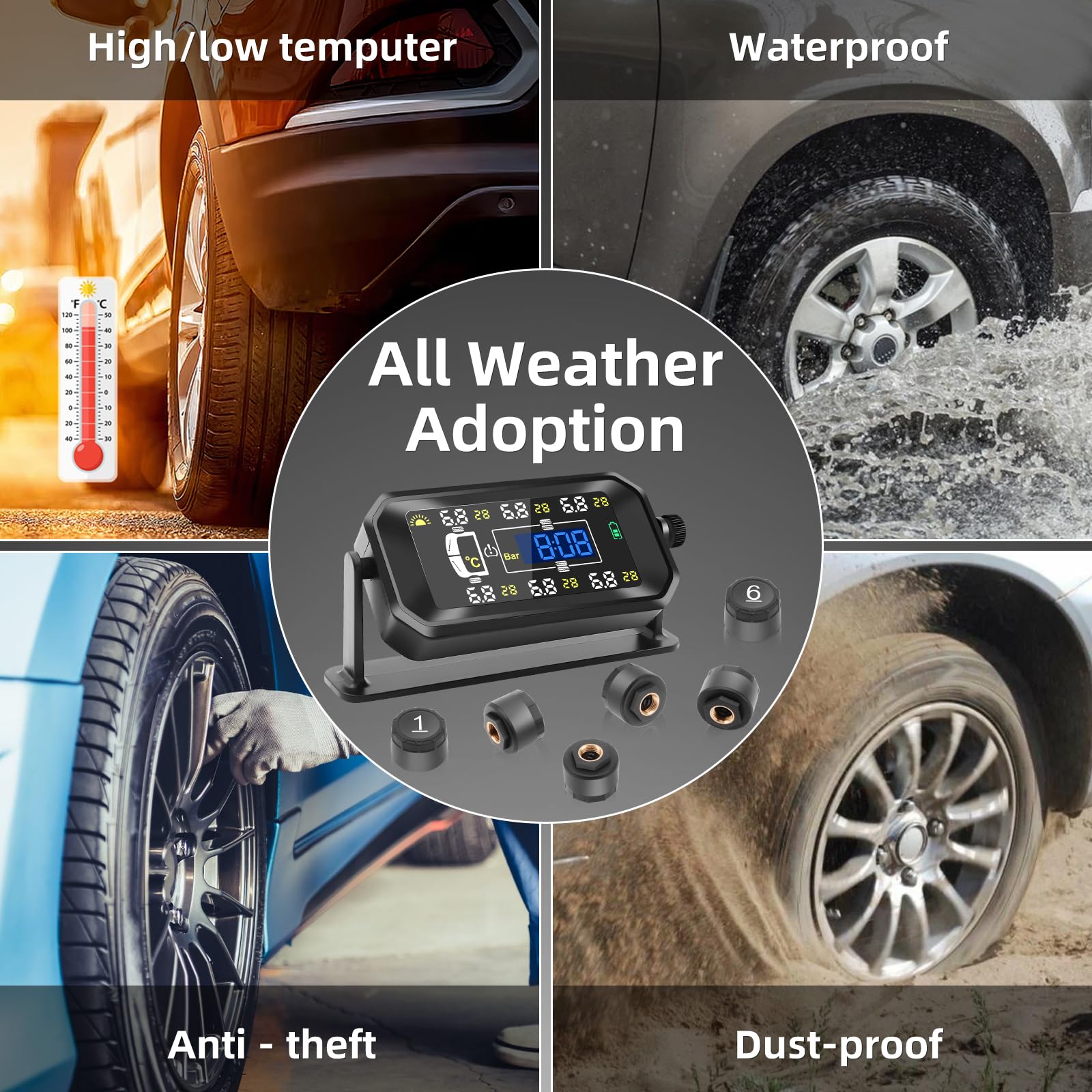 TPMS Sistema Monitoreo Presión Neumáticos, 6 Sensores, 8bar/116psi, Carga Solar/USB, para Vehículos Pesados/Caravanas/Autocares (Versión Mejorada Comercial)