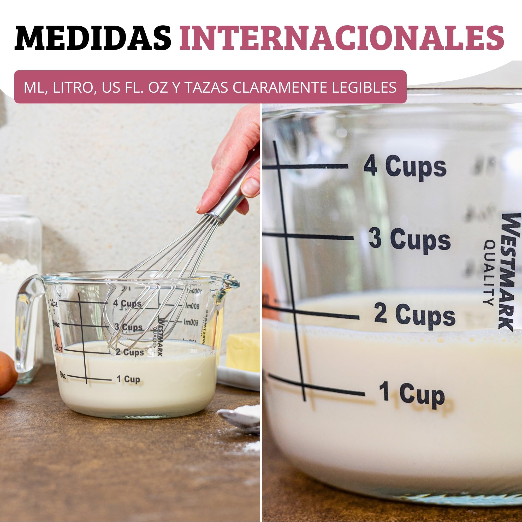 Westmark Jarra medidora, volumen de llenado: 1 L, apto para horno, microondas, congelador, vidrio de borosilicato, transparente/negro, 30632260