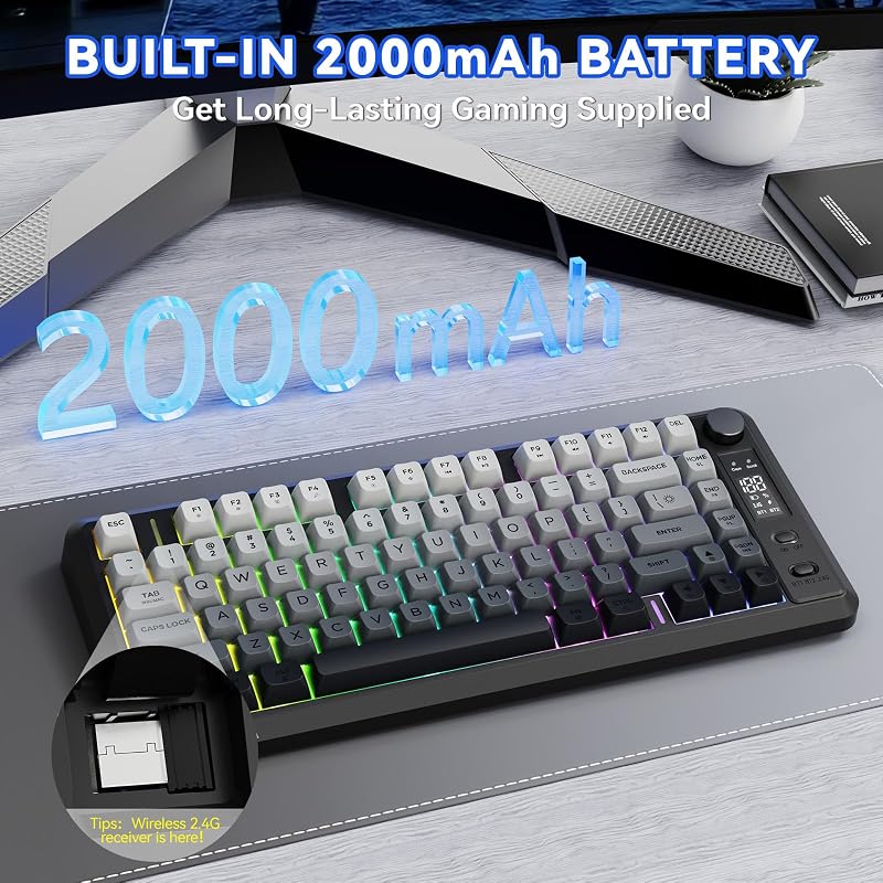 FREEWOLF M75 Kettős Módú Billentyűzet, Bluetooth+2.4G, Kijelzővel, 82 PBT Színátmenetes Billentyűsapkával, RGB Háttérvilágítással, Mac/Windo