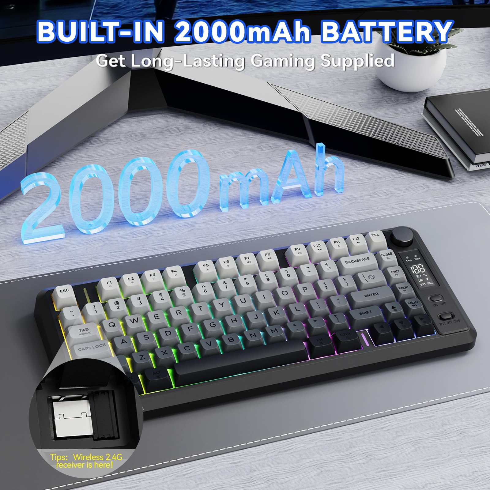 FREEWOLF M75 Tastiera wireless dual-mode, Bluetooth+2.4G, controllo tramite manopola e display, 82 tasti compatti PBT con gradiente, luce arcobaleno,QWERTY, anti-ghosting completo per Mac/Win-Nero