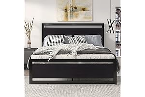 SHA CERLIN Modern Metal Bed Frame with Wooden Headboard