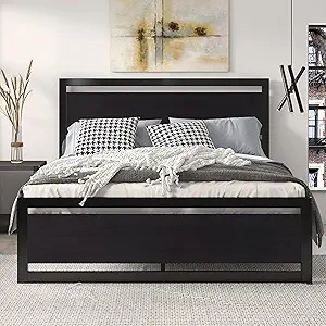 SHA CERLIN Queen Size Bed Frame with Modern Headboard, Heavy Duty Platform Metal Base with Square Footboard and 13 Strong Slats Support, No Box Spring Needed, Black