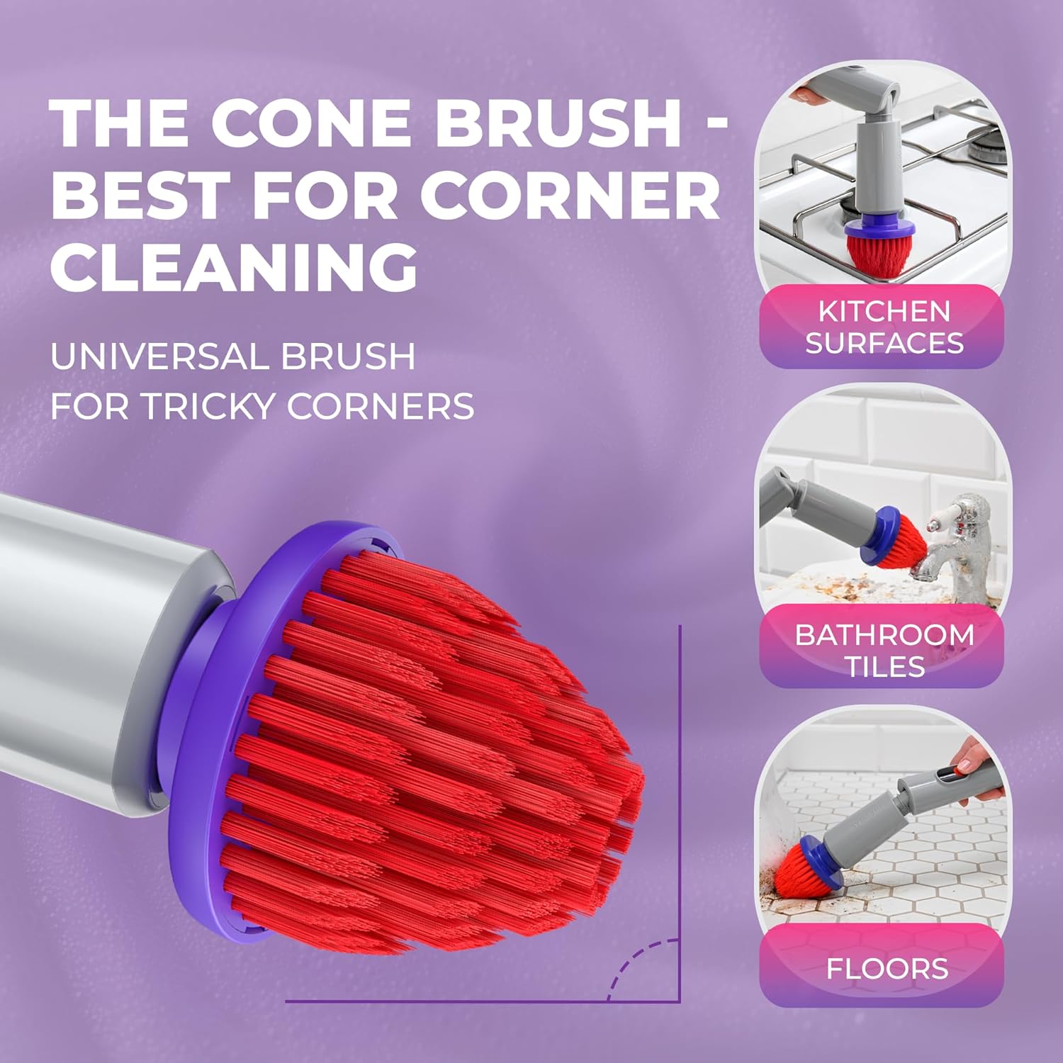 Synoshi PRO cone brush cleaning kitchen surfaces, bathroom tiles, and floors.