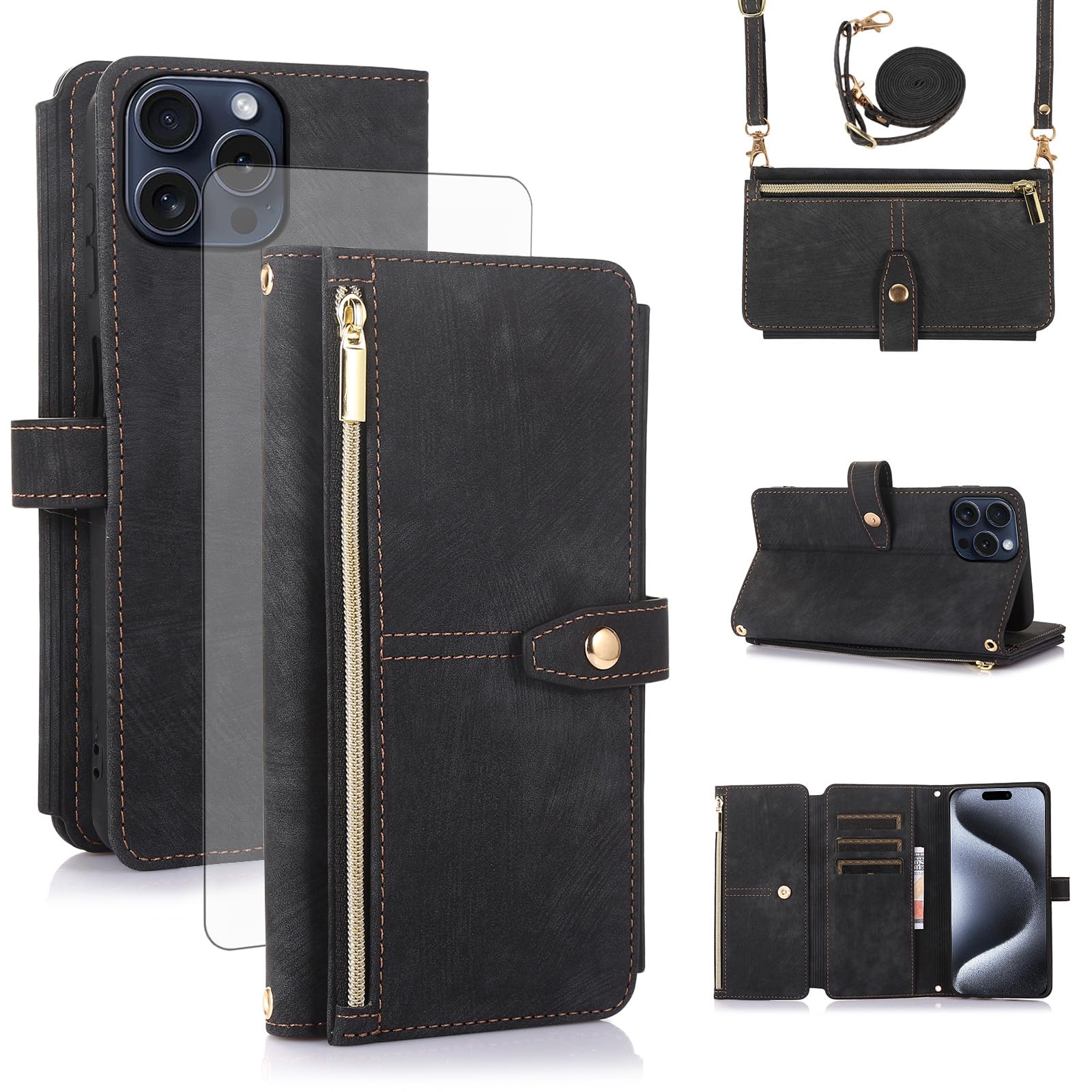 Asuwish Handyhülle für iPhone 15 Pro Max Hülle mit Band Schutzfolie Kartenfach Klappbar Leder Geldbörse Ständer i-Phone 15Pro Promax i Phoenix 15ProMax Handy Hüllen Schutzhülle Phone Case Schwarz