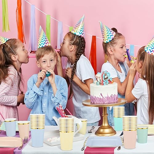 Miniatura 6 de Uiifan 80 platos y tazas de papel festoneado pastel suministros para fiesta, platos de fiesta de 9 pulgadas, vasos de colores de 9 onzas, juego de