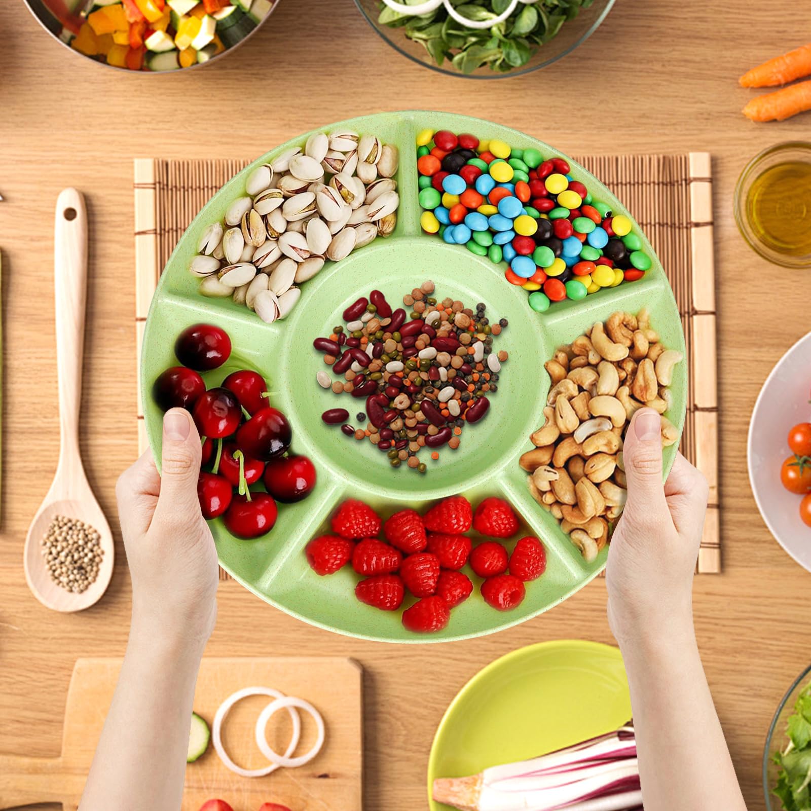 Reforung Snack Plates, Fruit Plates With Compartments, Plastic Snack Tray, Serving Tray, Reusable Snack Bowl, Snack Plate, Divided Blue, Apricot, Red