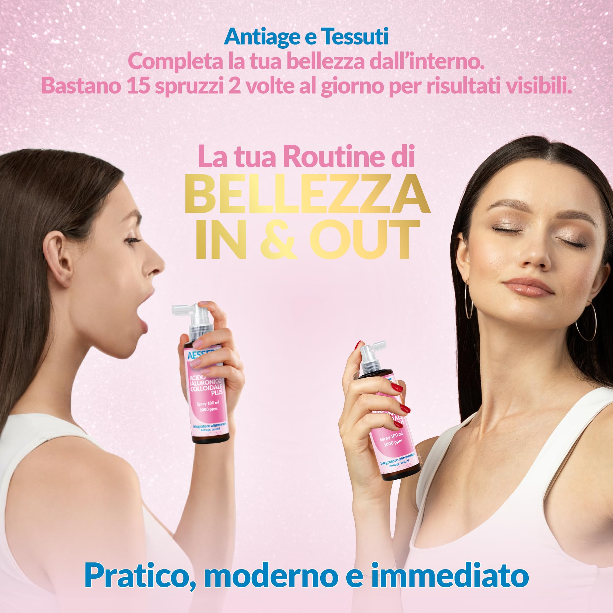 Acido Ialuronico Colloidale Spray - Formula Innovativa ad Alta Biodisponibilità, Integratore Pelle e Viso per un’idratazione Profonda - Made in Italy - 100ml Aessere