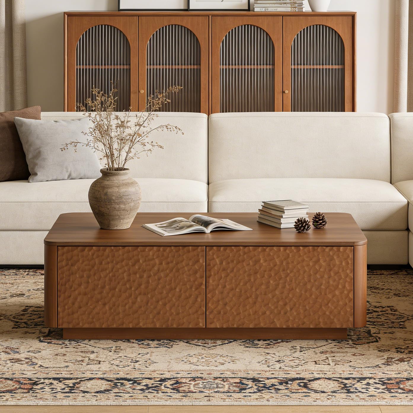 47.24" Hammered Coffee Table with Storage, Wood Rectangle Cocktail Center Table with 2 Drawers and Round Corner Design, Mid Century Modern Wood Coffee Tea Tables for Living Room, Natural Walnut