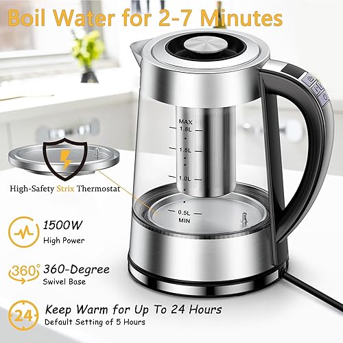 Miniatura 5 de Hervidor eléctrico con control de temperatura para té y café, 1.8L 1500W, mantiene el calor - Infusor extraíble, hervidor de té de vidrio, caldera