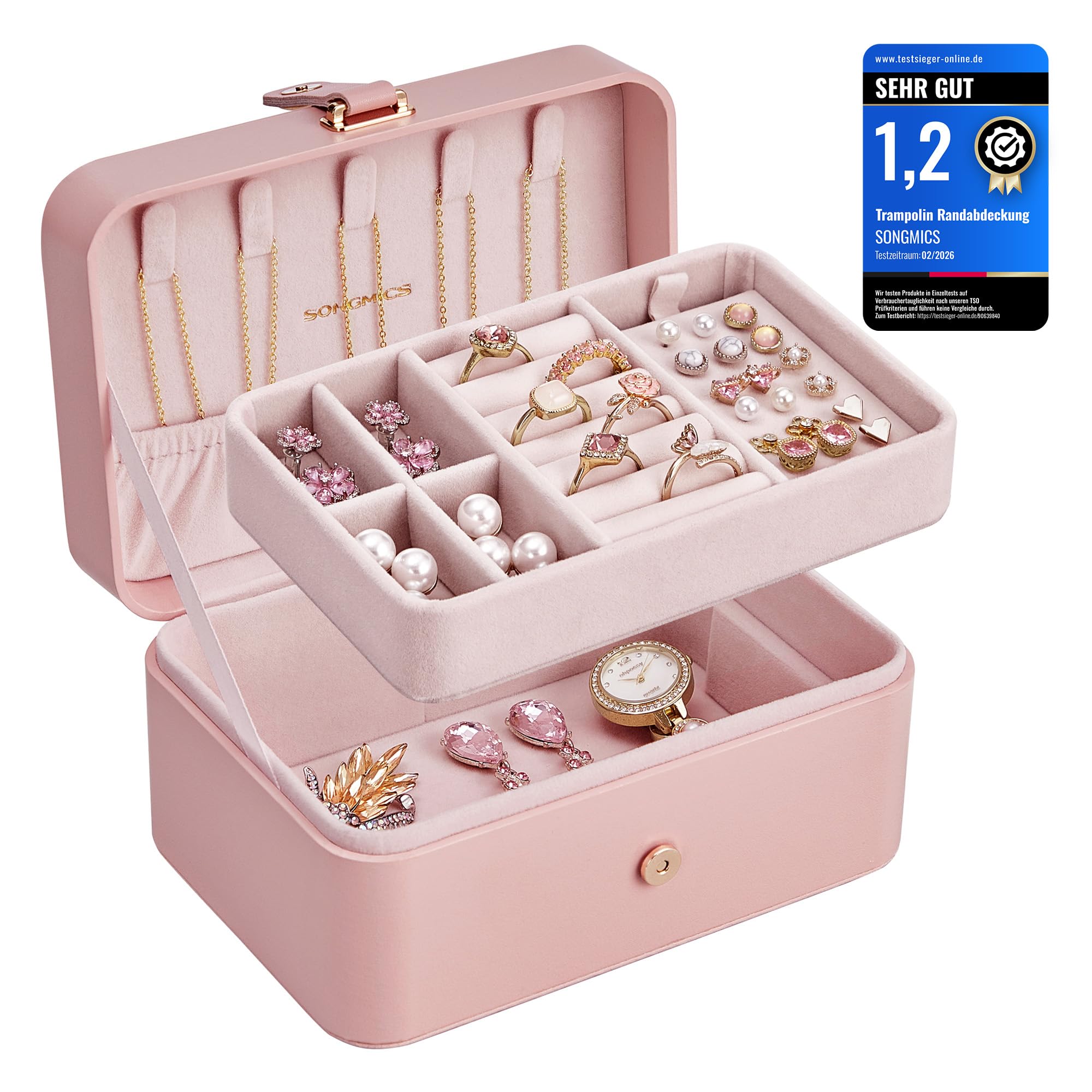 SONGMICS Schmuckkästchen Reise, Schmuckkasten klein, 2 Ebenen Schmuckaufbewahrung, tragbar, Schmuck-Reiseetui, für größere Accessoires, 11 x 16 x 8 cm, Geschenkidee, pastellrosa JBC166R01