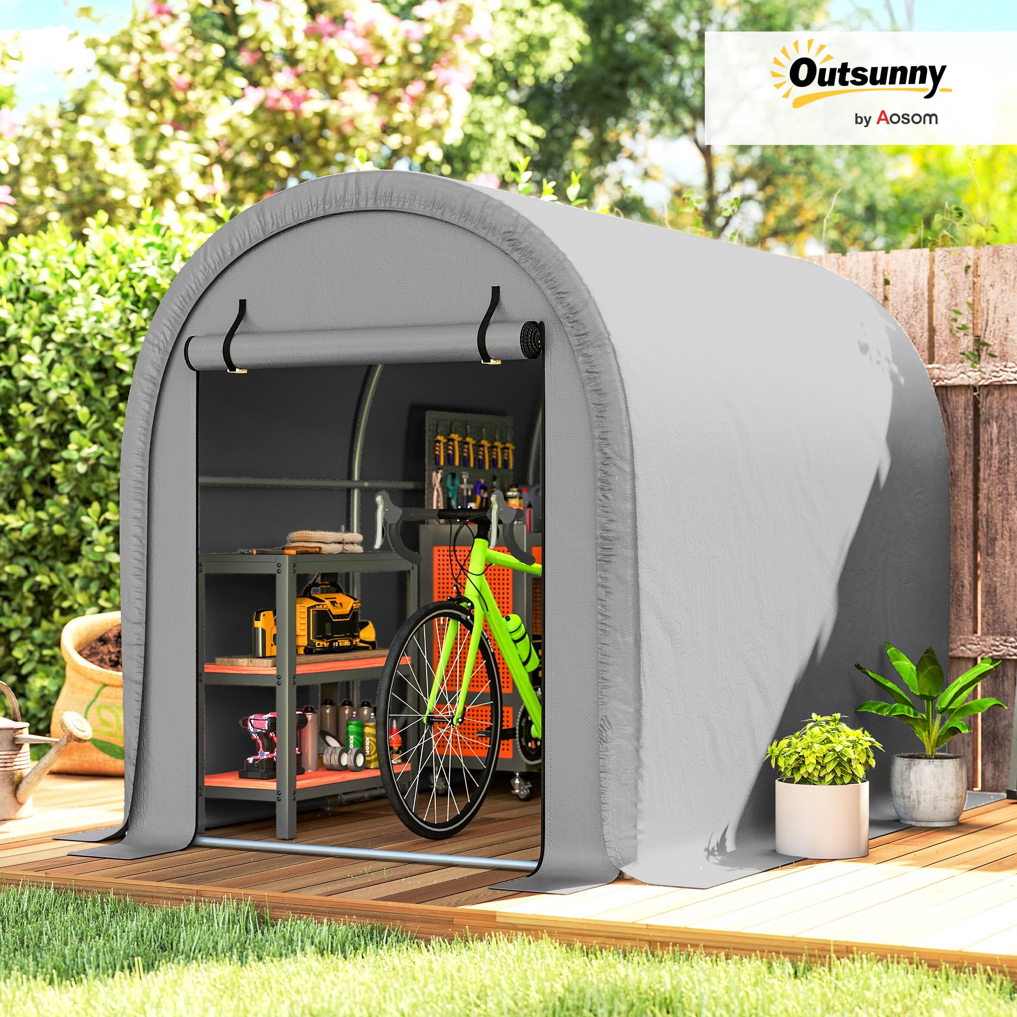 Outsunny Abri de Jardin Tente de Stockage Garage à Vélos - Acier Galvanisé & 160g/m² PE Anti-UV pour Moto et Tondeuse - Dôme Anti-Pluie Multi-Usage avec Ancrage 159x240x185cm, Gris Clair