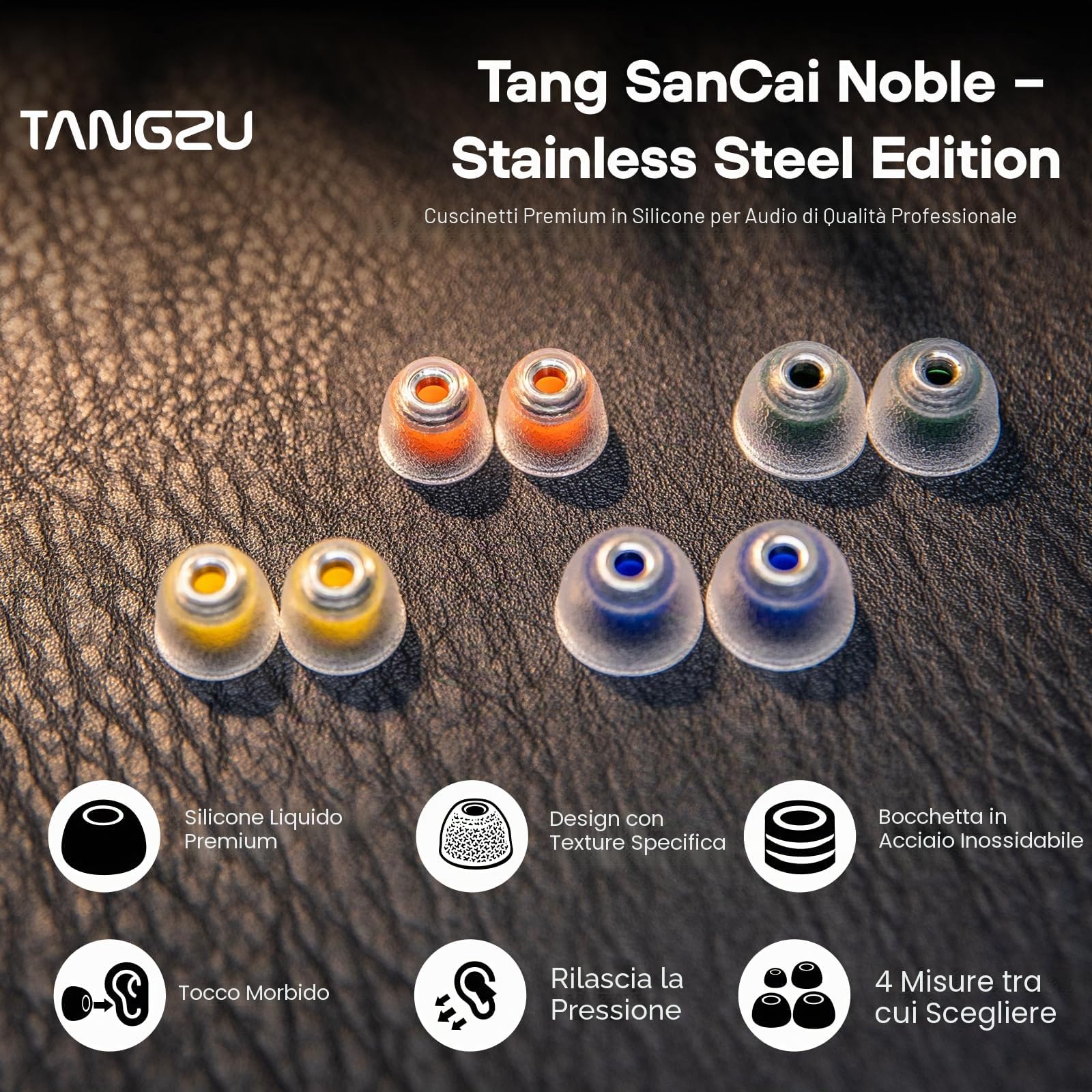 Linsoul Tangzu Tang Sancai Noble Earbud Tips,Cuscinetti in Acciaio Inox per IEM,Tappi per le Orecchie in Silicone Liquido,4 Paia,Opzionali XS/S/M/M/L per Cuffie In-Ear (XS/S/M/L-4 Dimensioni) | Cuscinetti sostituibili in silicone liquido, 4 paia per auric