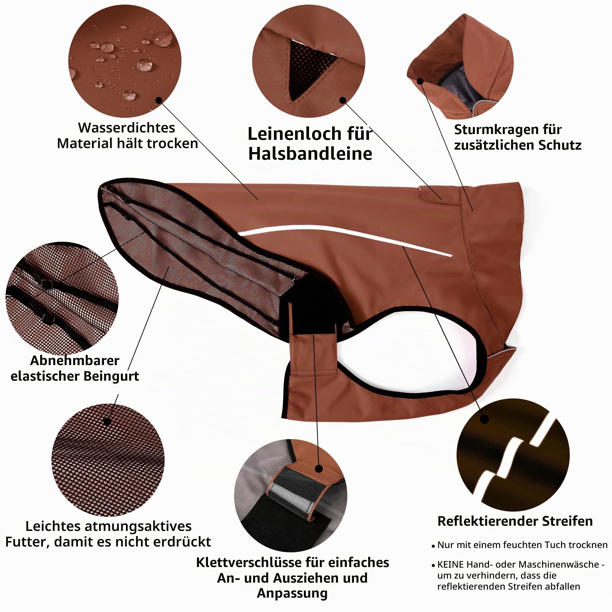 Mile High Life Hunderegenmantel Einstellbare wasserdichte Haustierkleidung Leichte Regenjacke mit reflektierendem Streifen Einfacher Einstiegsverschluss (S,Braun)
