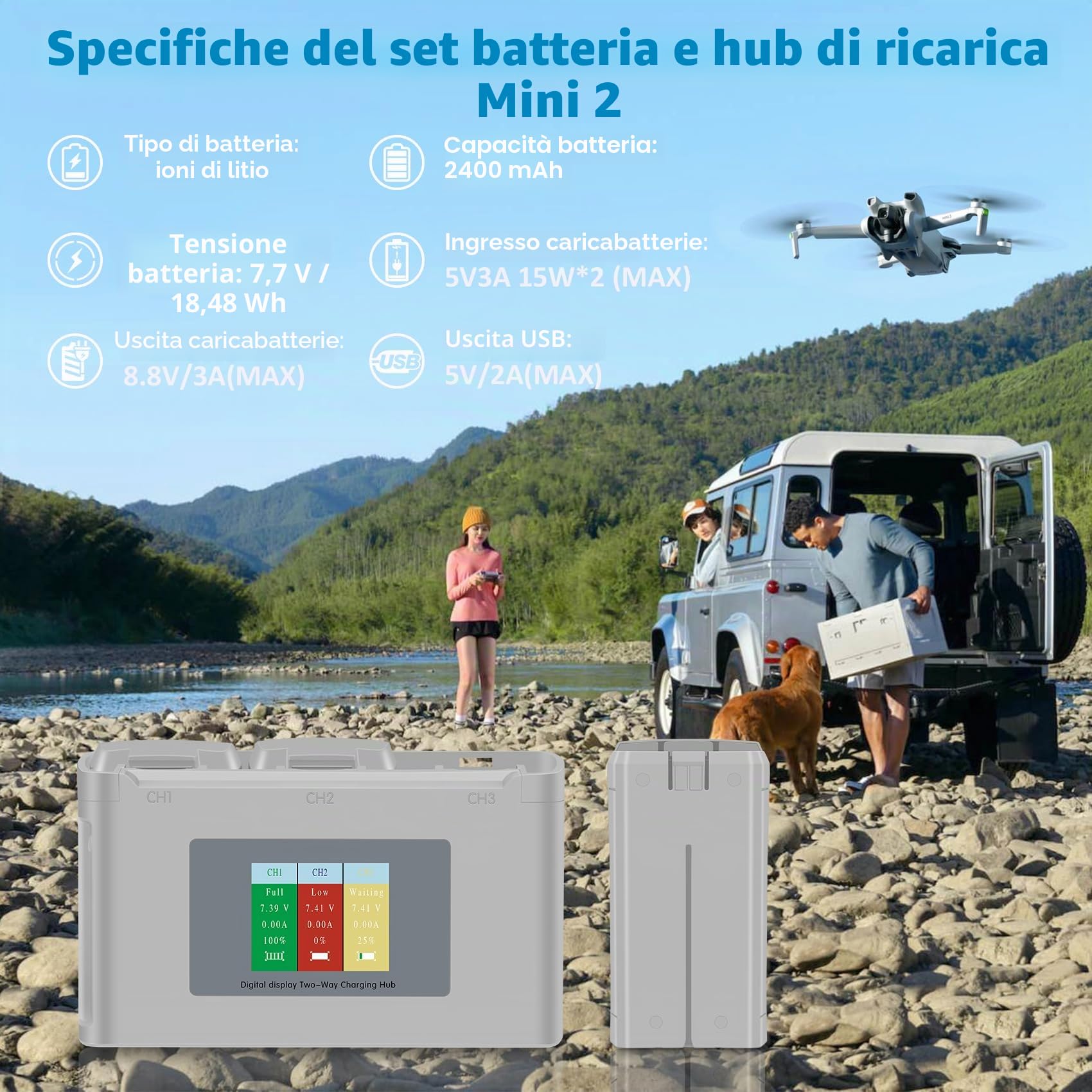 Fantasyo Volo intelligente Mini 2 Batteria Mini 4K Batteria 2 Pezzi 2400mAh e caricabatterie bidirezionale a 3 canali con display LCD Completamente compatibile con DJI Mini 4K/2/2 SE/SE