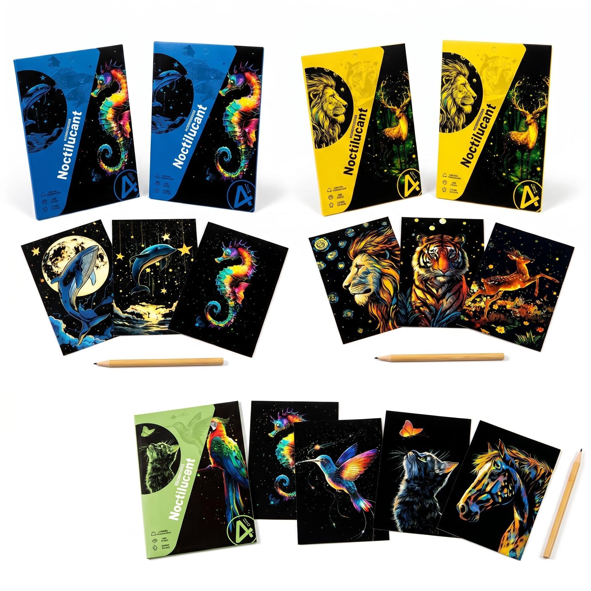 12 Sheets Scratch Art for Adults A5 Size Luminous Animal Scratch Paper with 3 Wooden Scratch Tools, 21x15cm Rainbow Scratchs Painting Scratchboard DIY Creative Scratch Art Book for Stress Relief