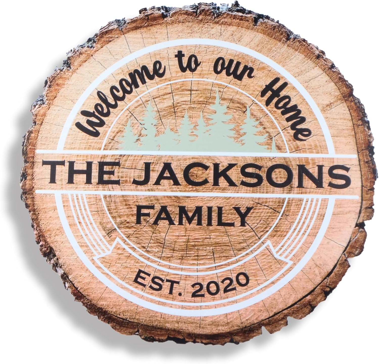 Custom Wood Name and Welcome Sign, Personalized Gifts, Realistic Tree Slice Appearance Printed on MDF,