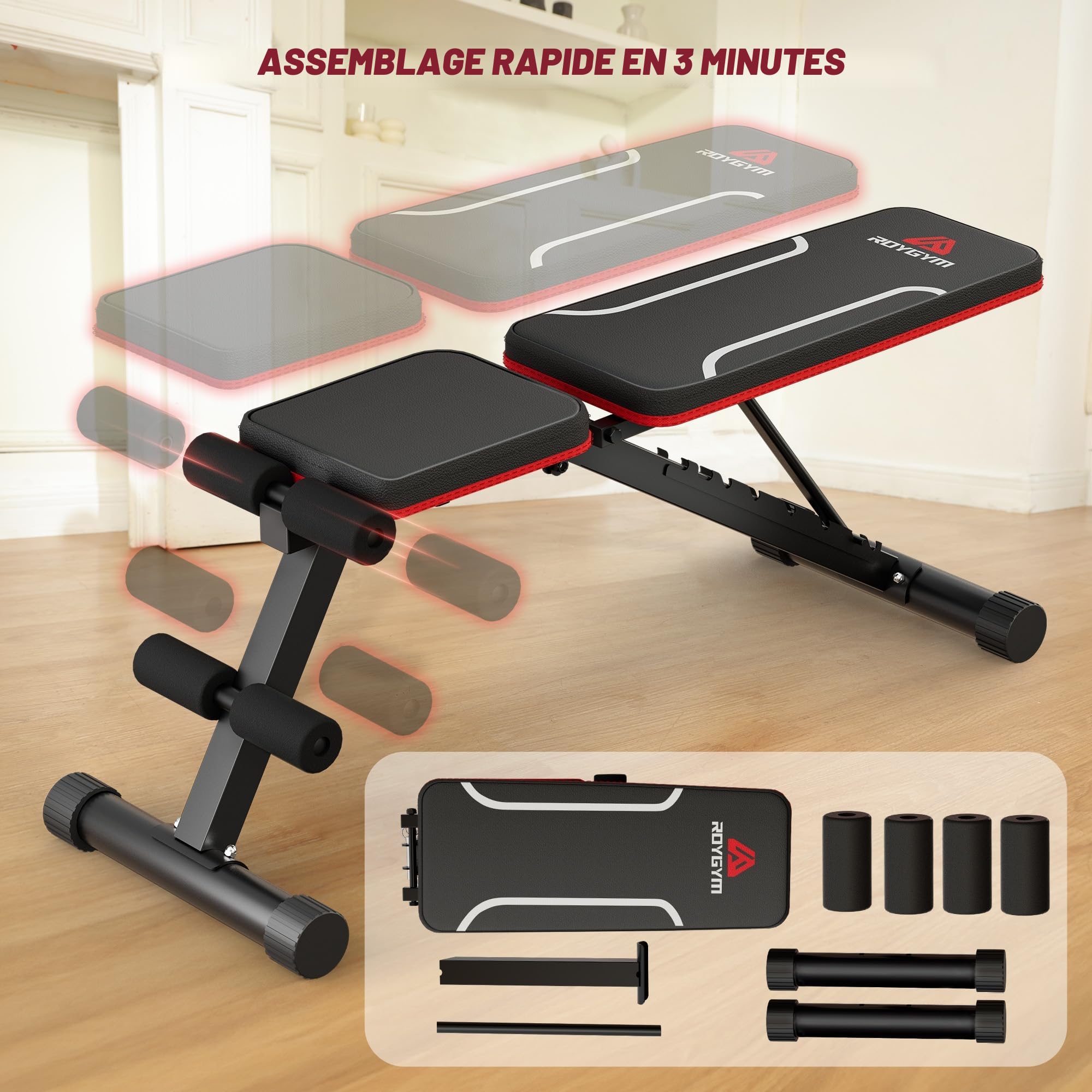 Roygym Banc de musculation pliable multifonction avec dossier réglable, banc de musculation incliné pour entraînement complet du corps, charge de 300 kg/400kg
