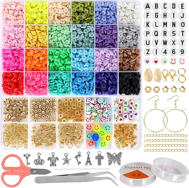 6000 Pcs Clay Beads for Bracelet Making, 6mm 24 Colors Cehomi Beads Flat Round Polymer Clay Spacer Beads with Pendant Charms Kit and Elastic Strings, Crafts for Earing Bracelets Necklace, Multicolor