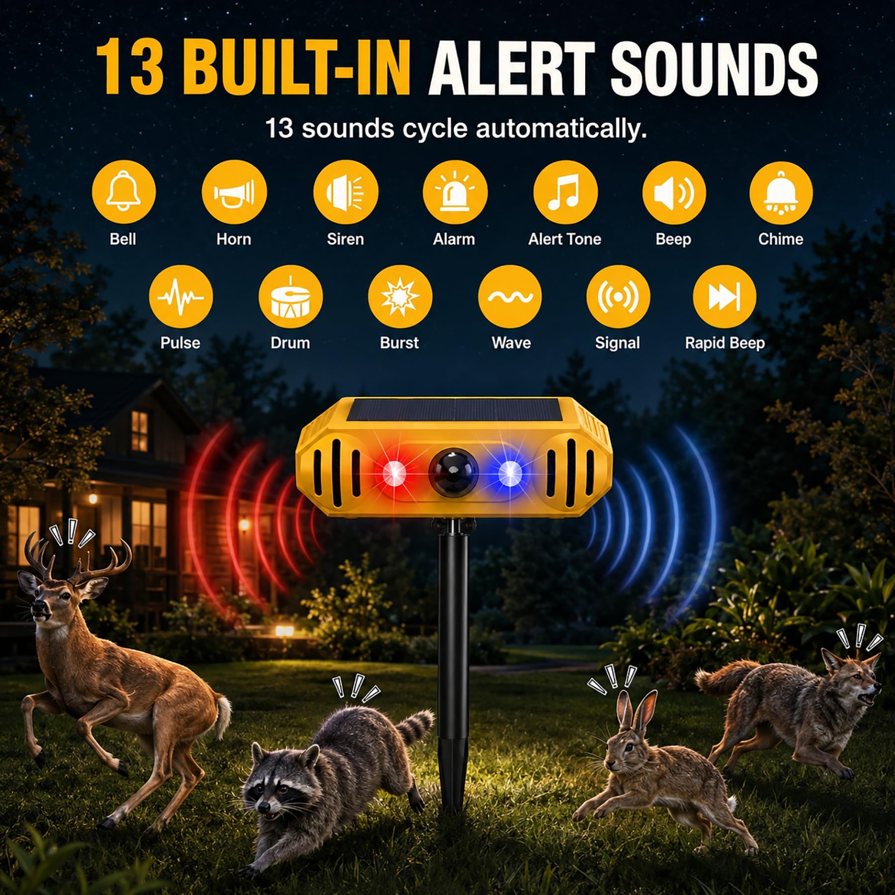 Lot de 2 détecteurs de mouvement solaires avec 13 sons, double haut-parleur KINGCOO 129 dB, bruits de tir, aboiements de chien, LED rouge et bleu, avertissement de sécurité, lumière stroboscopique