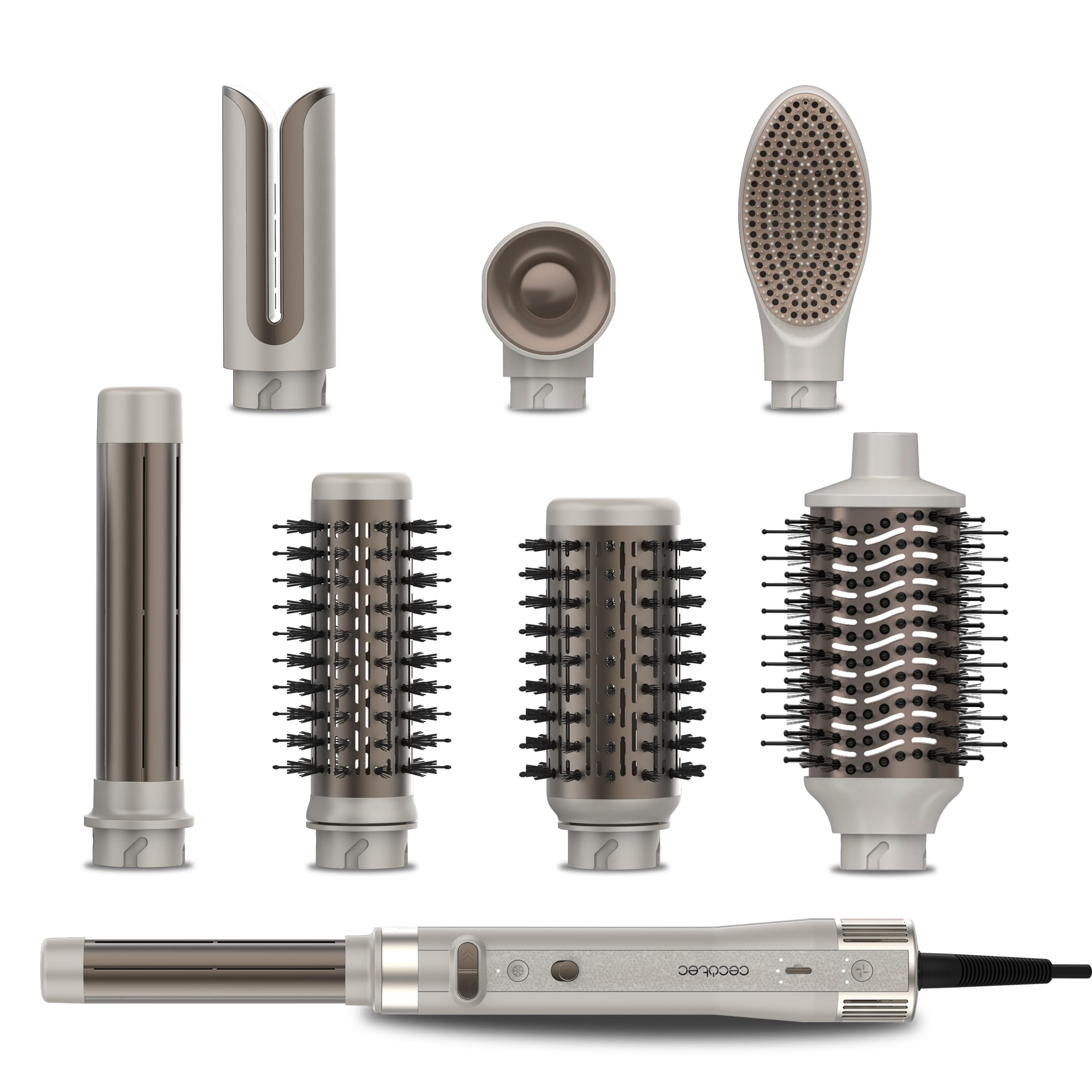 Cecotec Modella Capelli 8 Teste CeramicCare 8in1 AirGlam Gyro Champagne. 1500W, 110000RPM, Liscia, Modella e Arriccia i Capelli, Motore Brushless, Funzione Rotativa, Rivestimento Ceramico e Cheratina